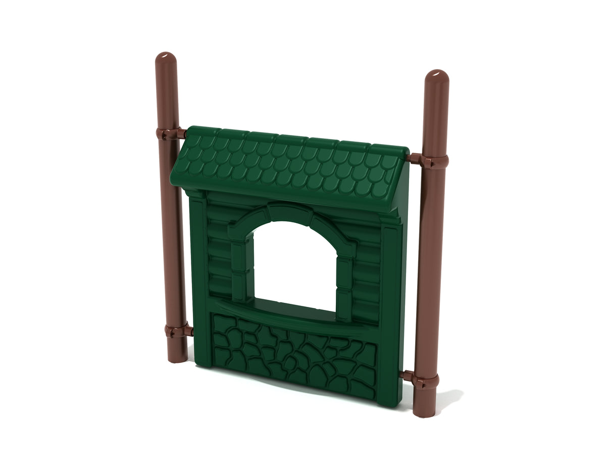 Green freestanding play store panel with roof and window, mounted on brown posts for imaginative playground play