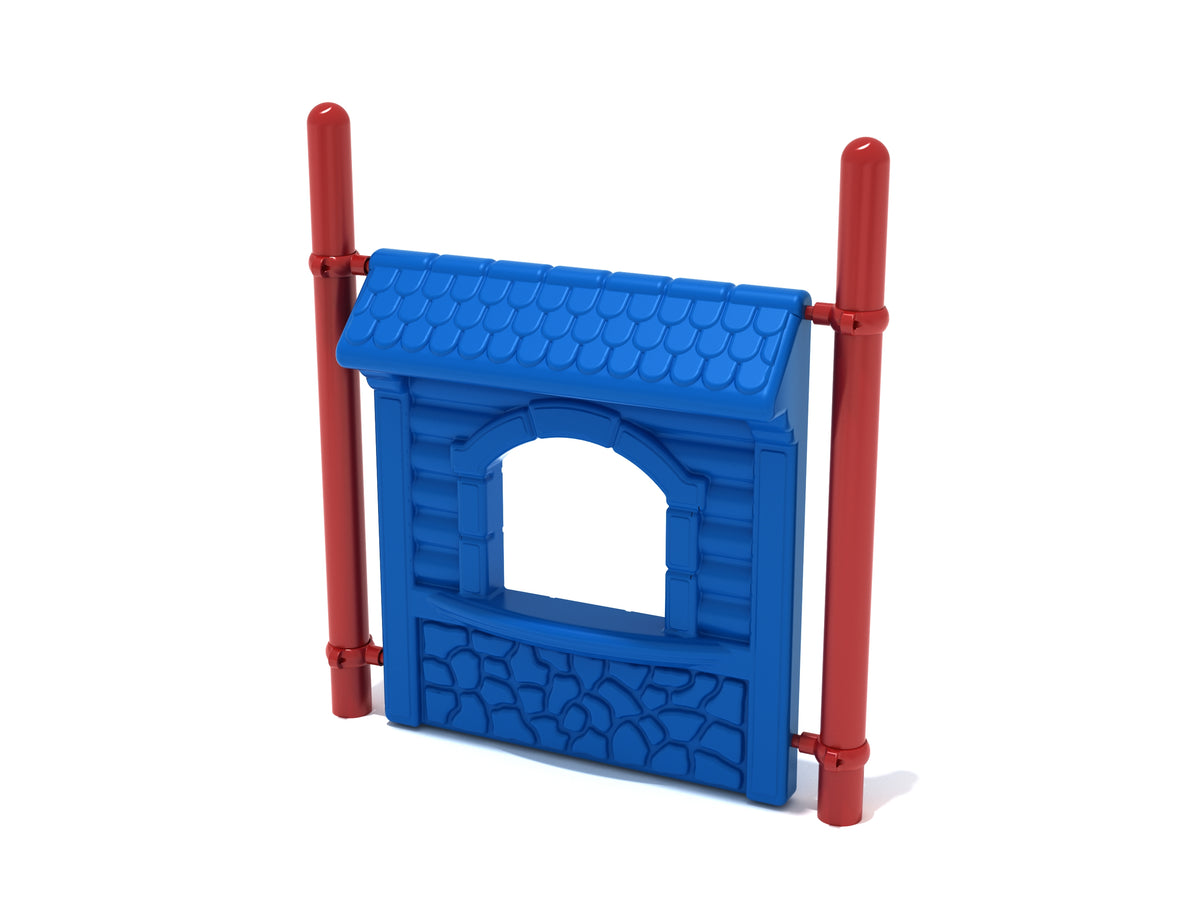 Freestanding Store Panel with Posts playground panel in blue with red posts, featuring a window and textured lower panel for imaginative play