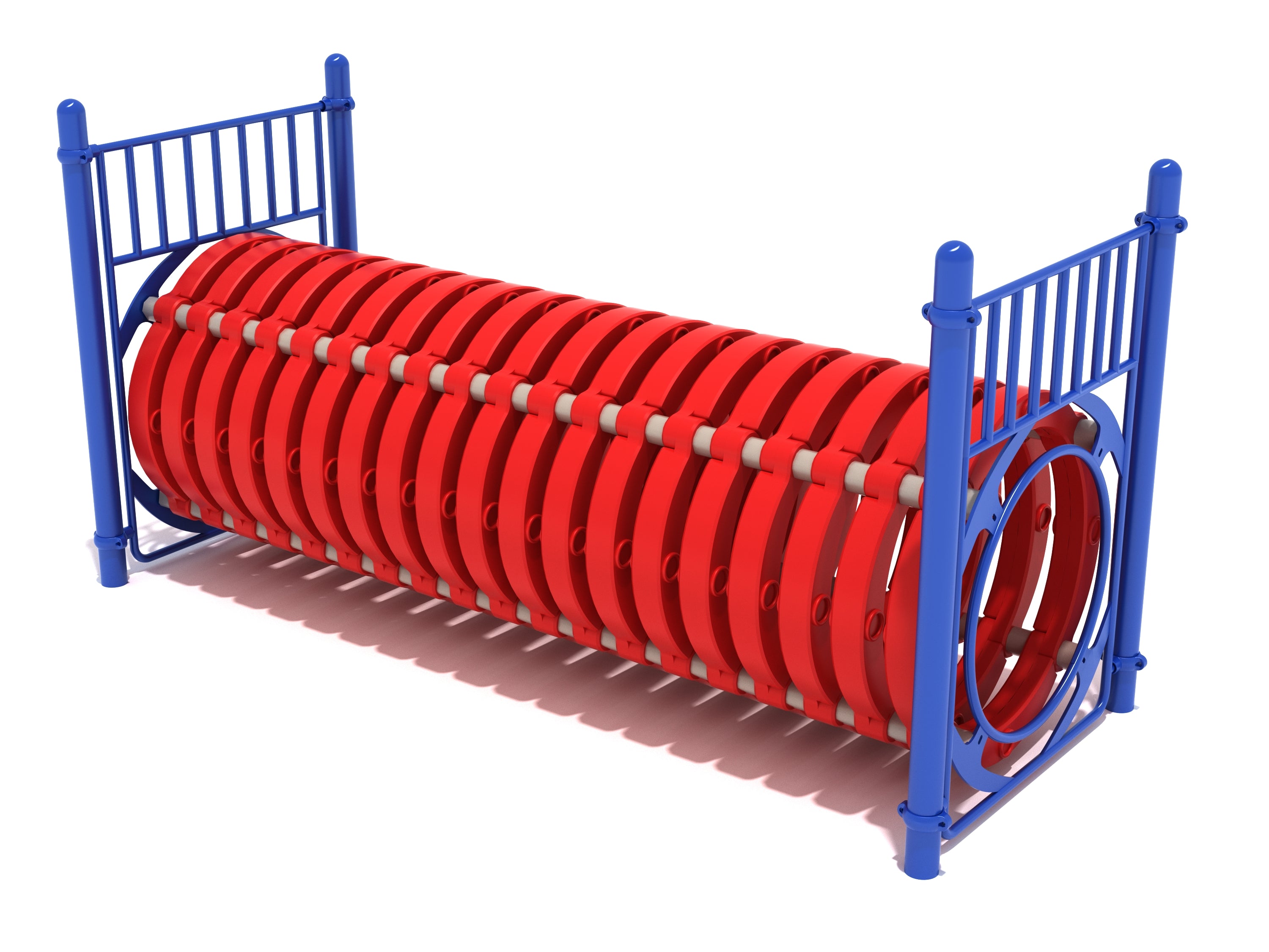 Colorful freestanding children's play tunnel with red slatted circular sections and blue frame supports allowing sunlight and visibility