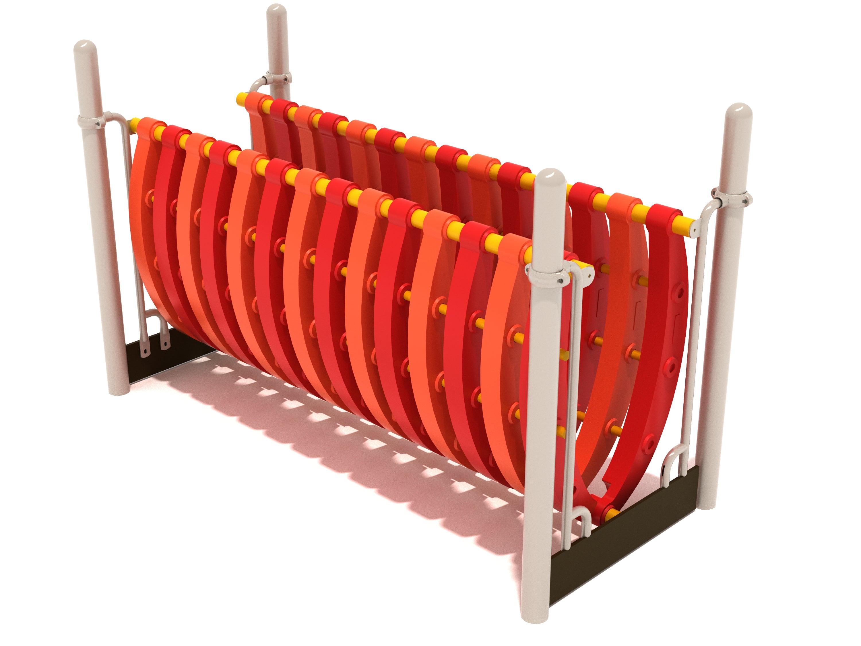 Colorful curved slat playground bridge with white posts and yellow connectors for climbing and balance play