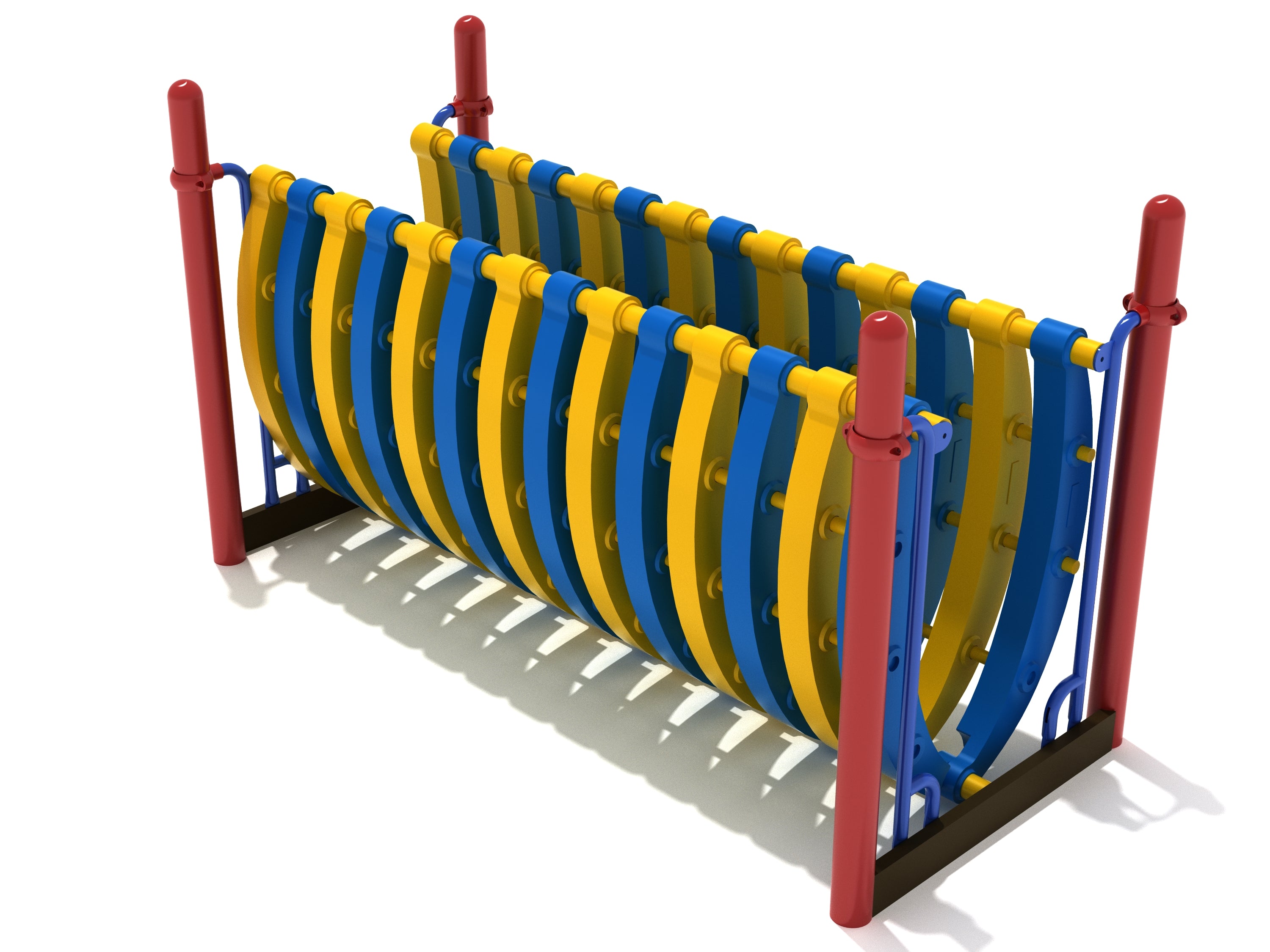 Colorful playground climbing bridge with curved yellow and blue slats and red posts designed for balance and coordination
