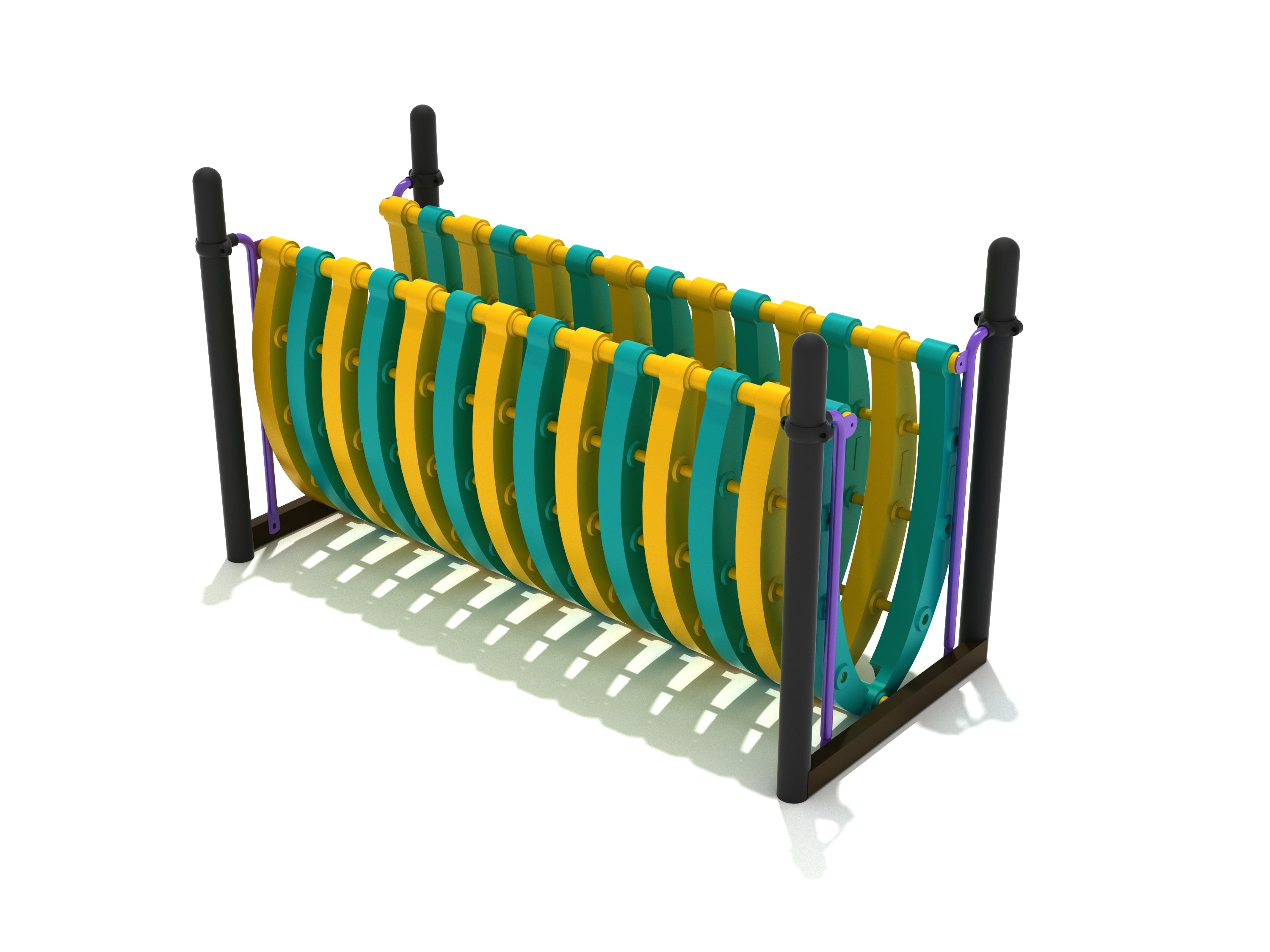 Bones Bridge climbing equipment with colorful curved slats and sturdy black posts for kids' balance and coordination play