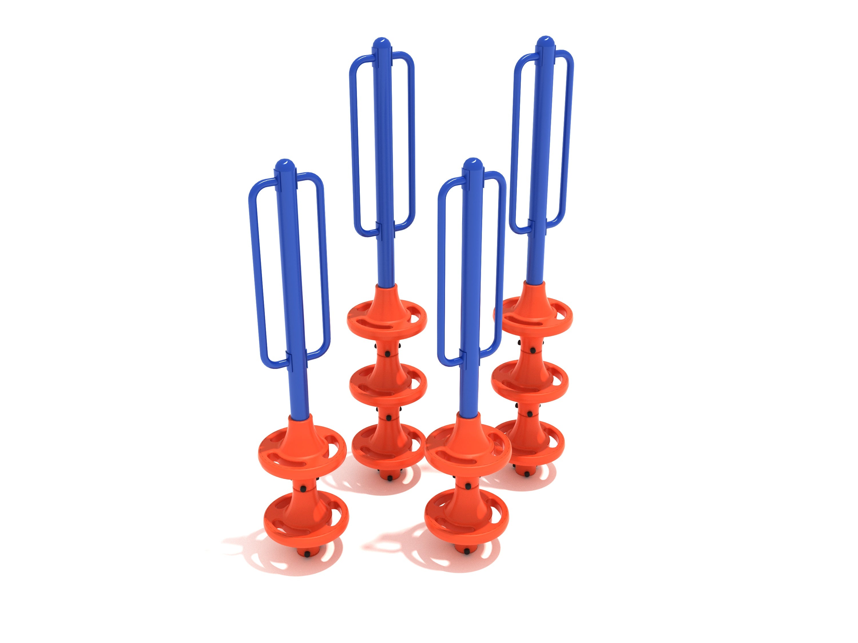 Four vertical climbing pods with blue handles and orange circular steps for children's playground coordination and physical skills