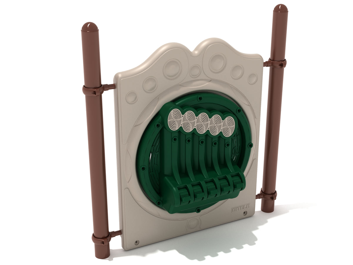 Freestanding playground chime panel with six metal levers and brown posts for interactive musical play