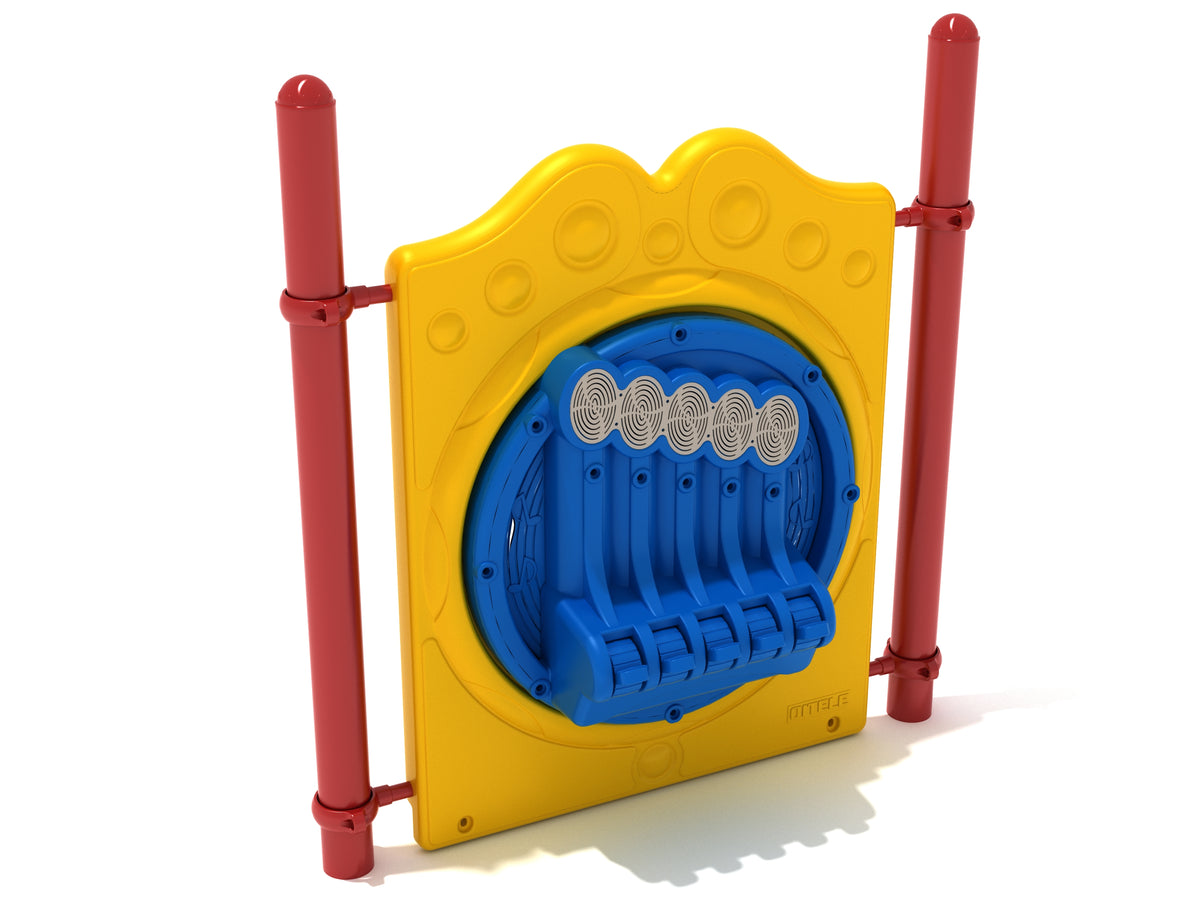 Freestanding playground chime panel with yellow frame, blue circular center, white musical note figures, and red support posts