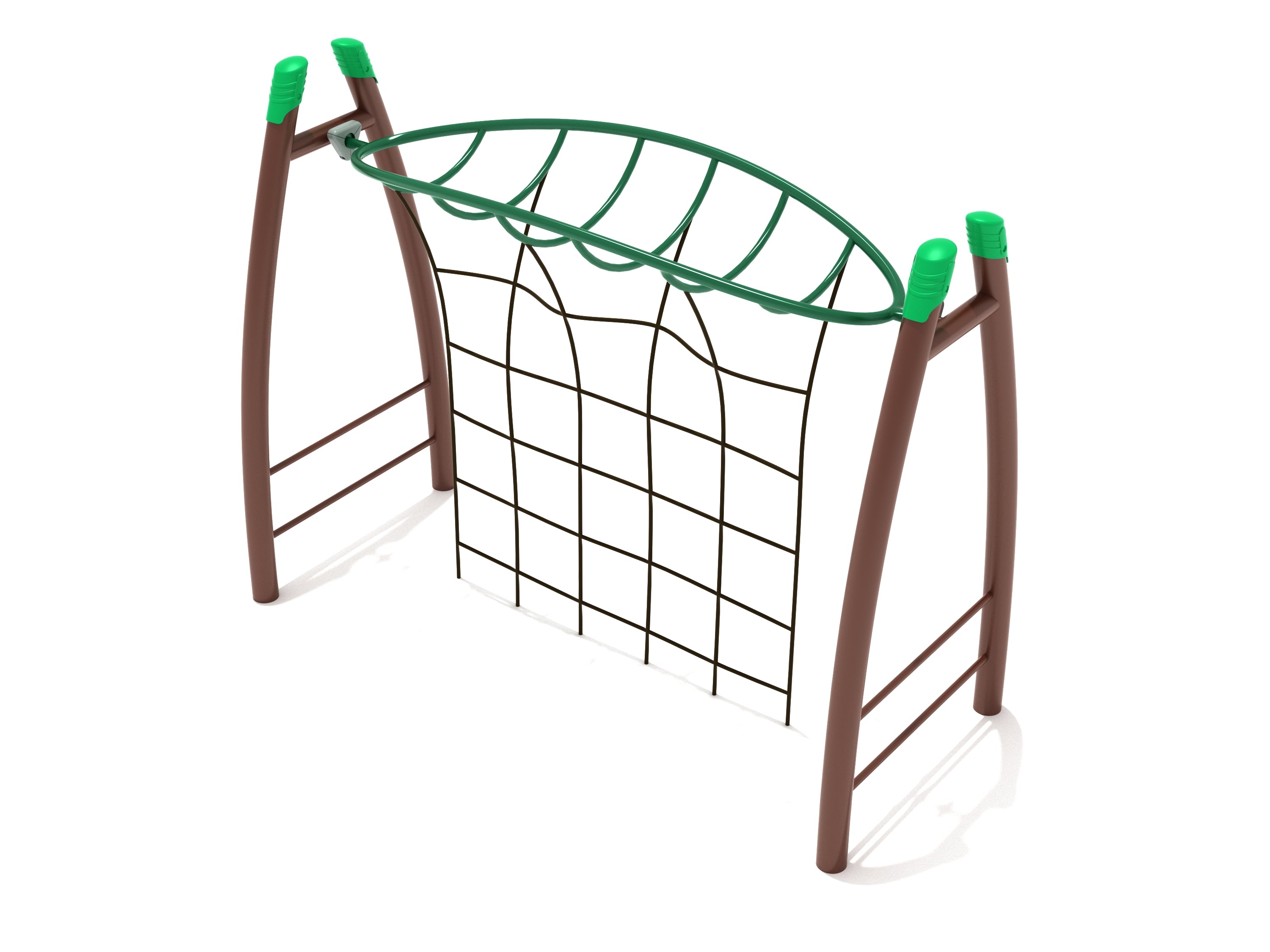 Curved brown and green playground climber with overhead bars and rope grid for climbing and hanging