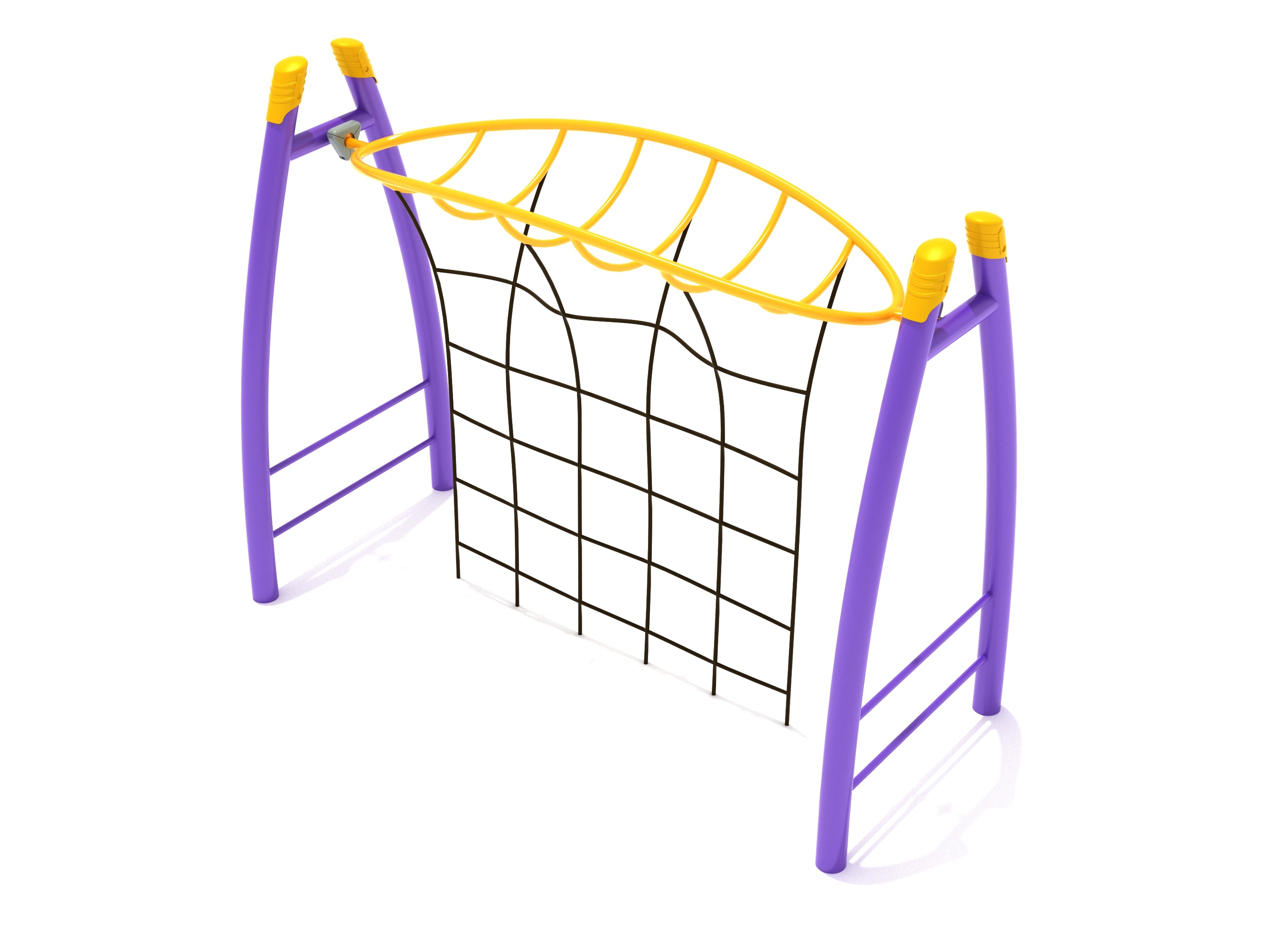 Curved Post Overhead Inverted Horizon Climber with purple curved posts, yellow overhead bars, and black rope grid climbing equipment