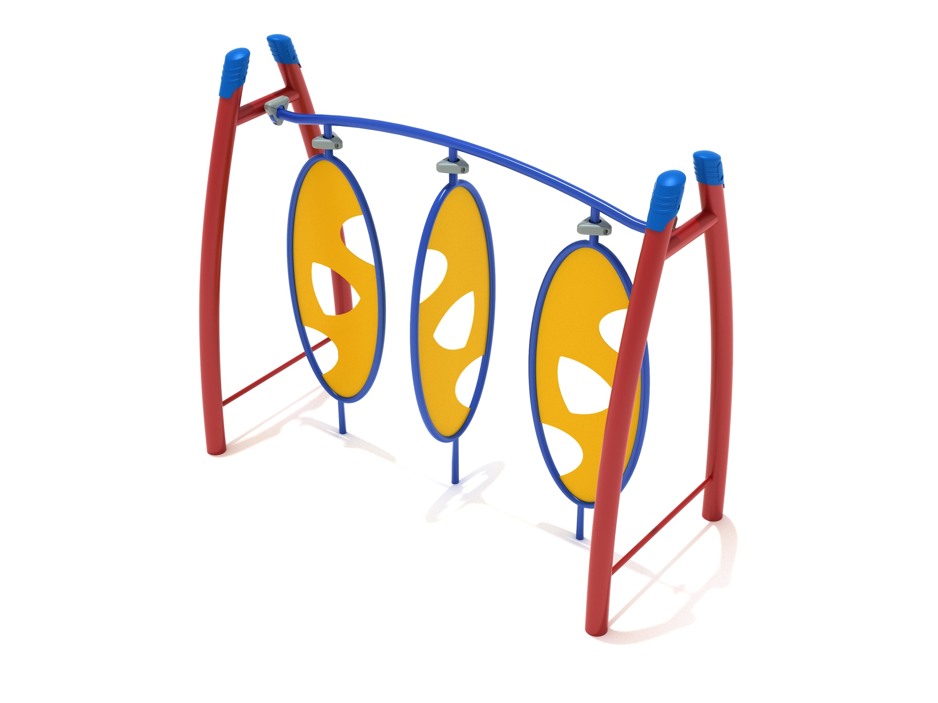 Colorful outdoor climbing structure with three yellow oval panels featuring hand and foot cutouts, supported by red curved posts and blue rails.