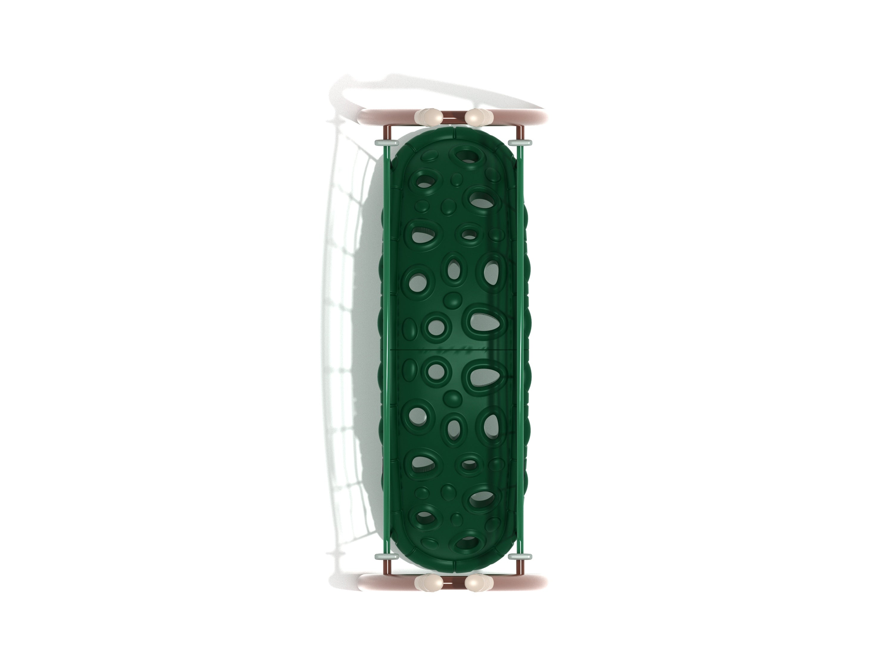Overhead view of a green curved climbing bridge with textured walkway and net-style guardrails for playground balance and coordination