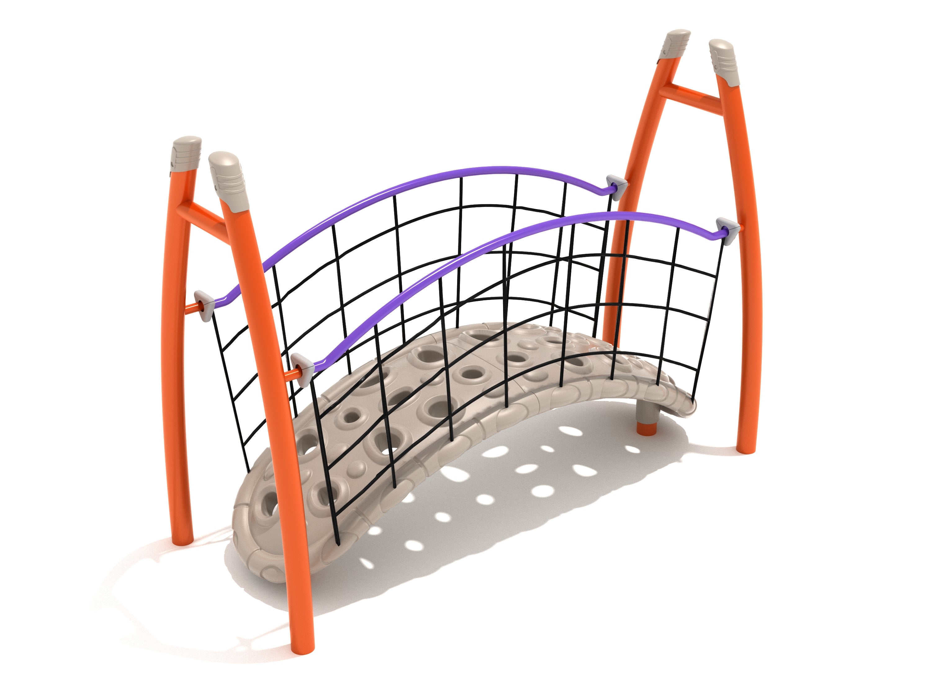 Curved climbing bridge with textured beige walkway, orange posts, black net guardrails, and purple handrails