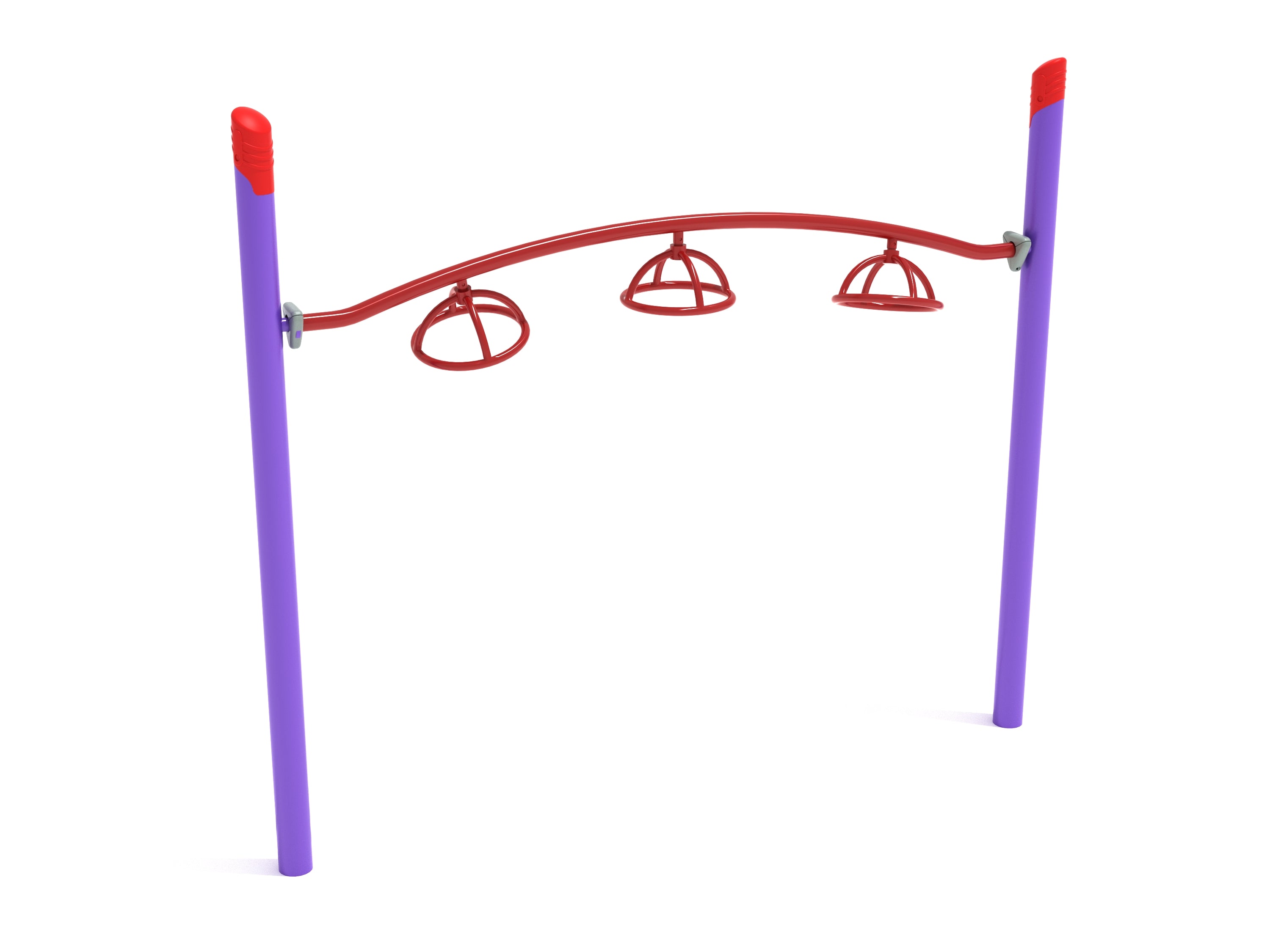 Single Post 3 Wheel Overhead Spinner with three red spinning wheels on curved bar supported by purple posts for playground fitness and active play