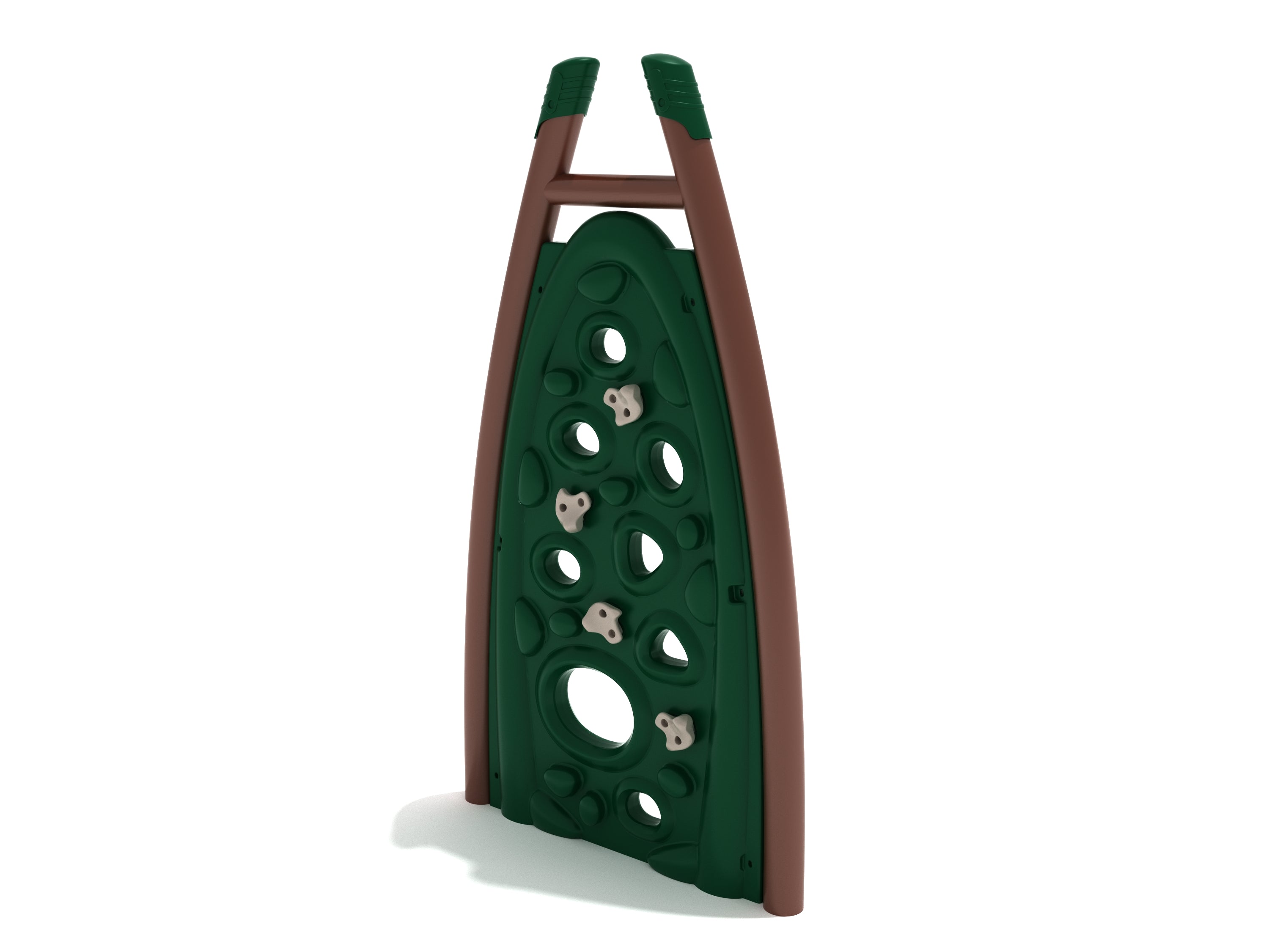 Curved green climbing panel with textured surface, varied holes, and molded hand grips framed by brown posts for playground use