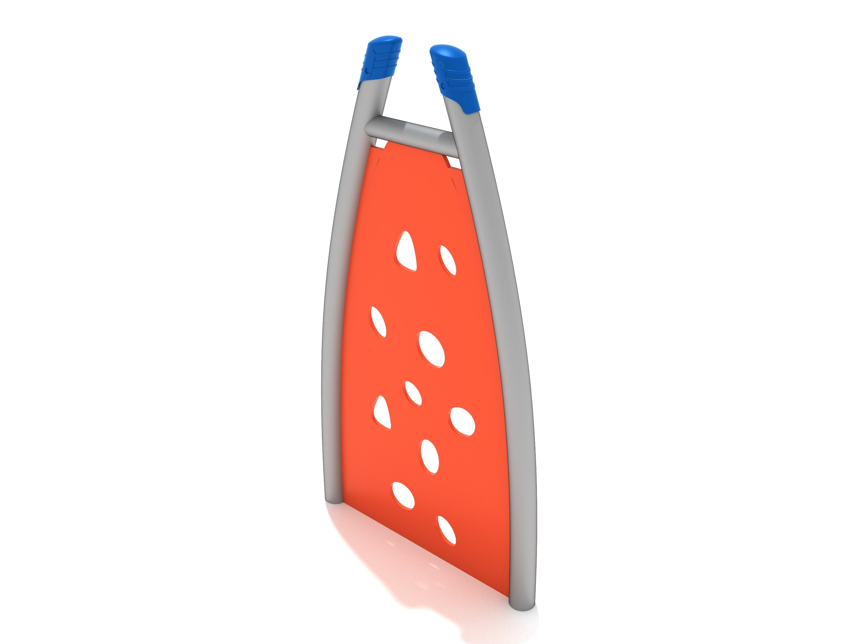 Curved Post Climbing Wall with bright orange panel, gray curved supports, and blue top grips for playground climbing equipment