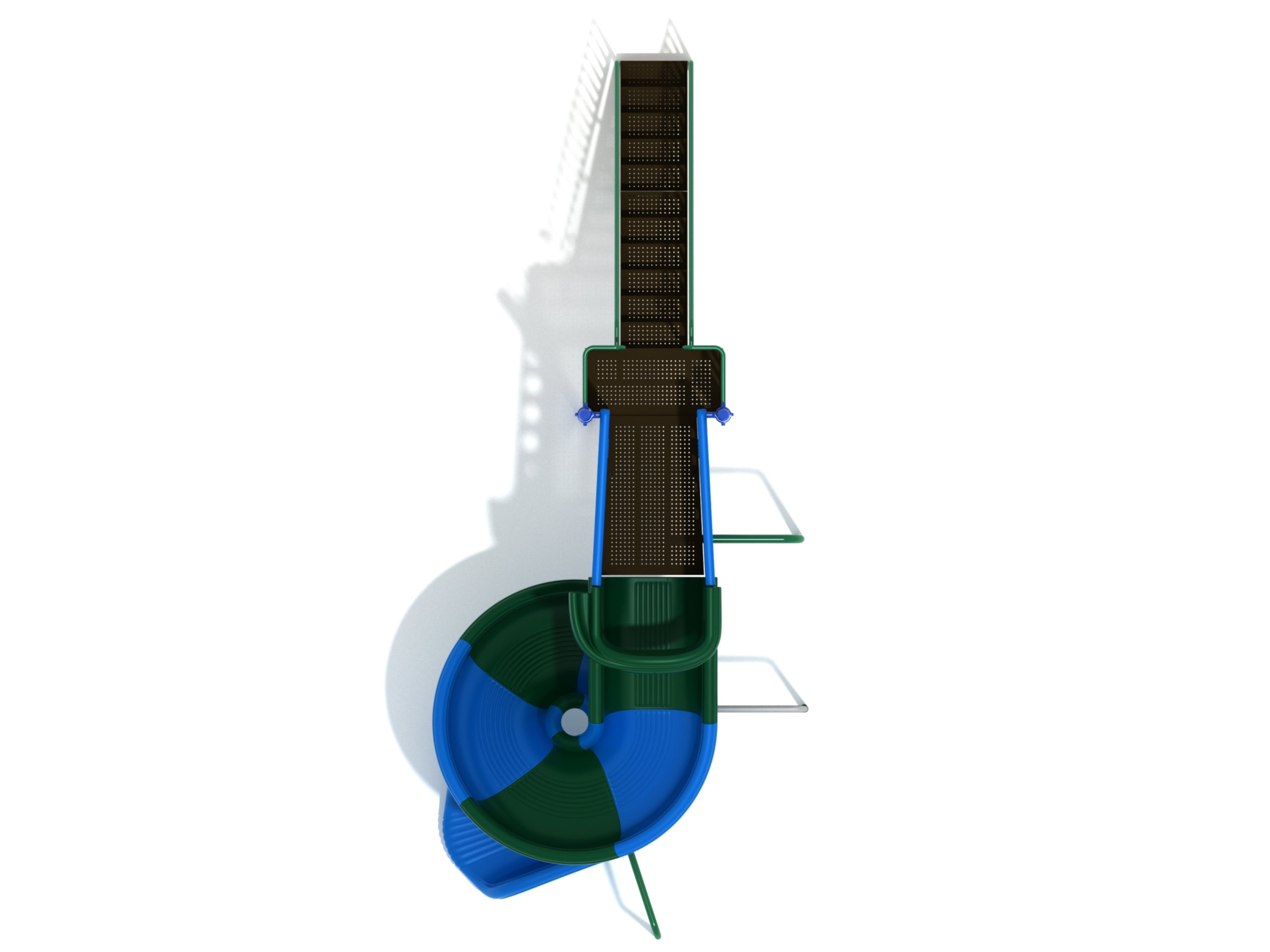 Top-down view of green and blue spiral slide layout with platform and stairs