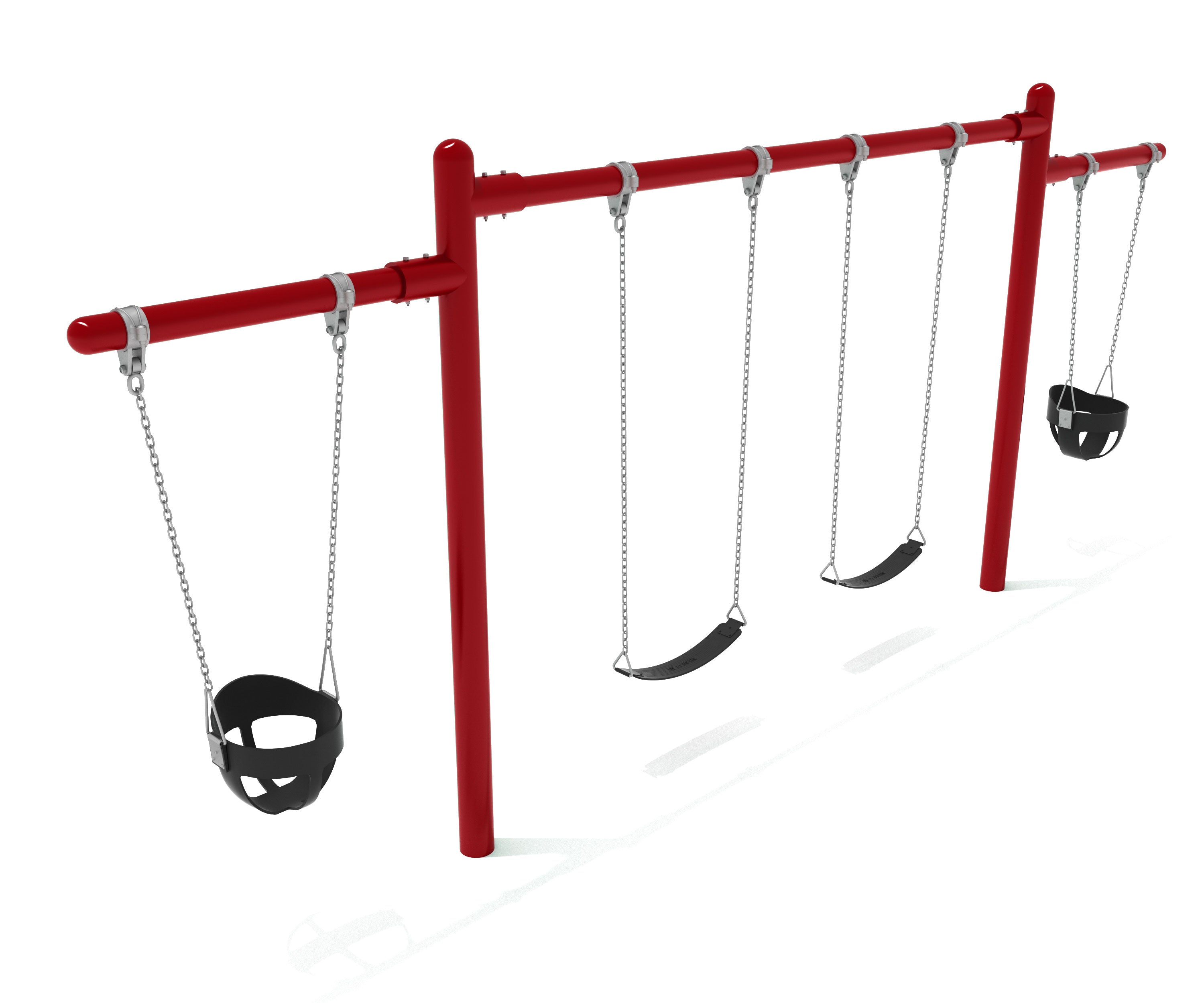 Red swing set with four swings on a white background