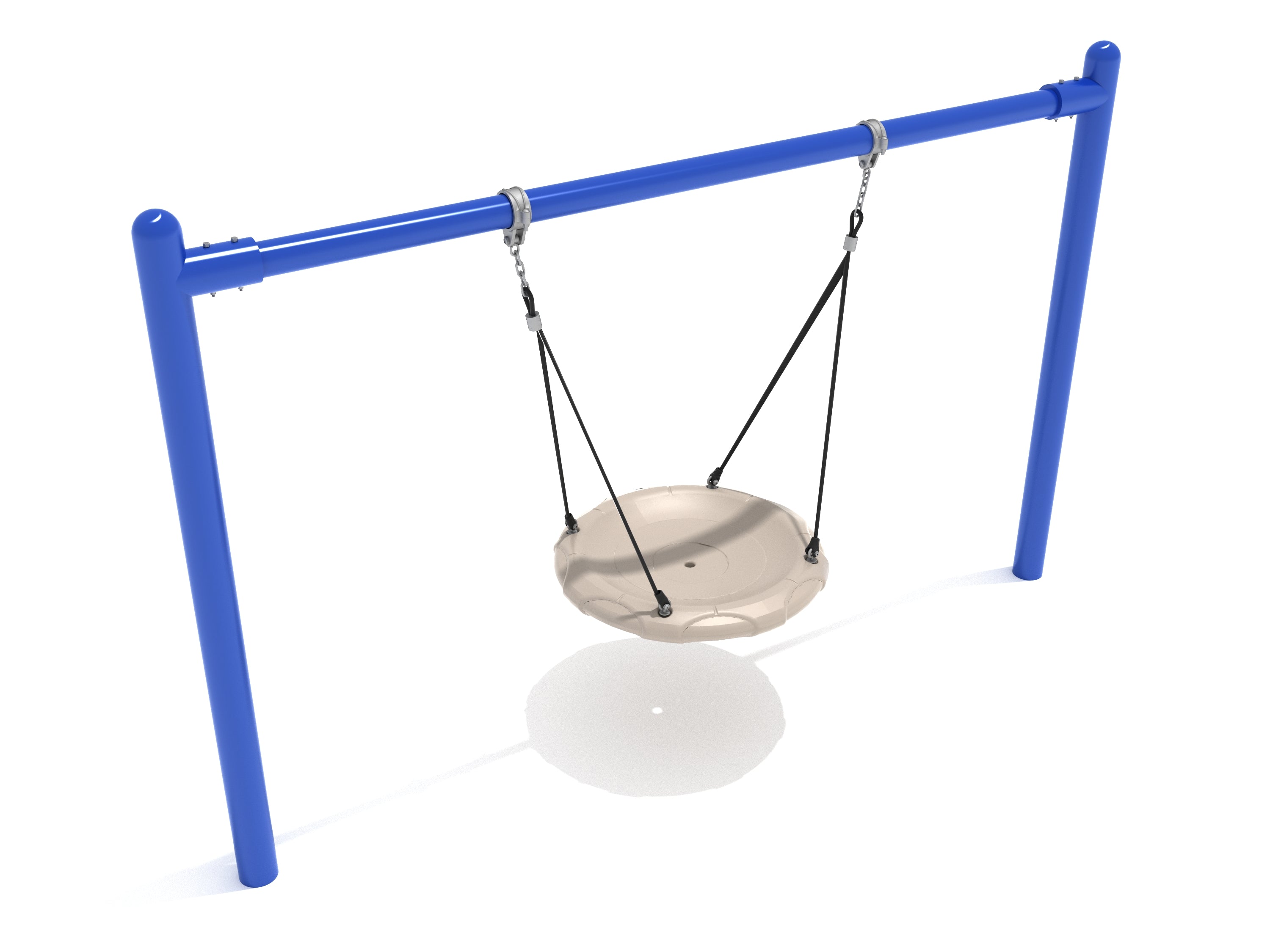 Blue swing set with a silver swing on a white background