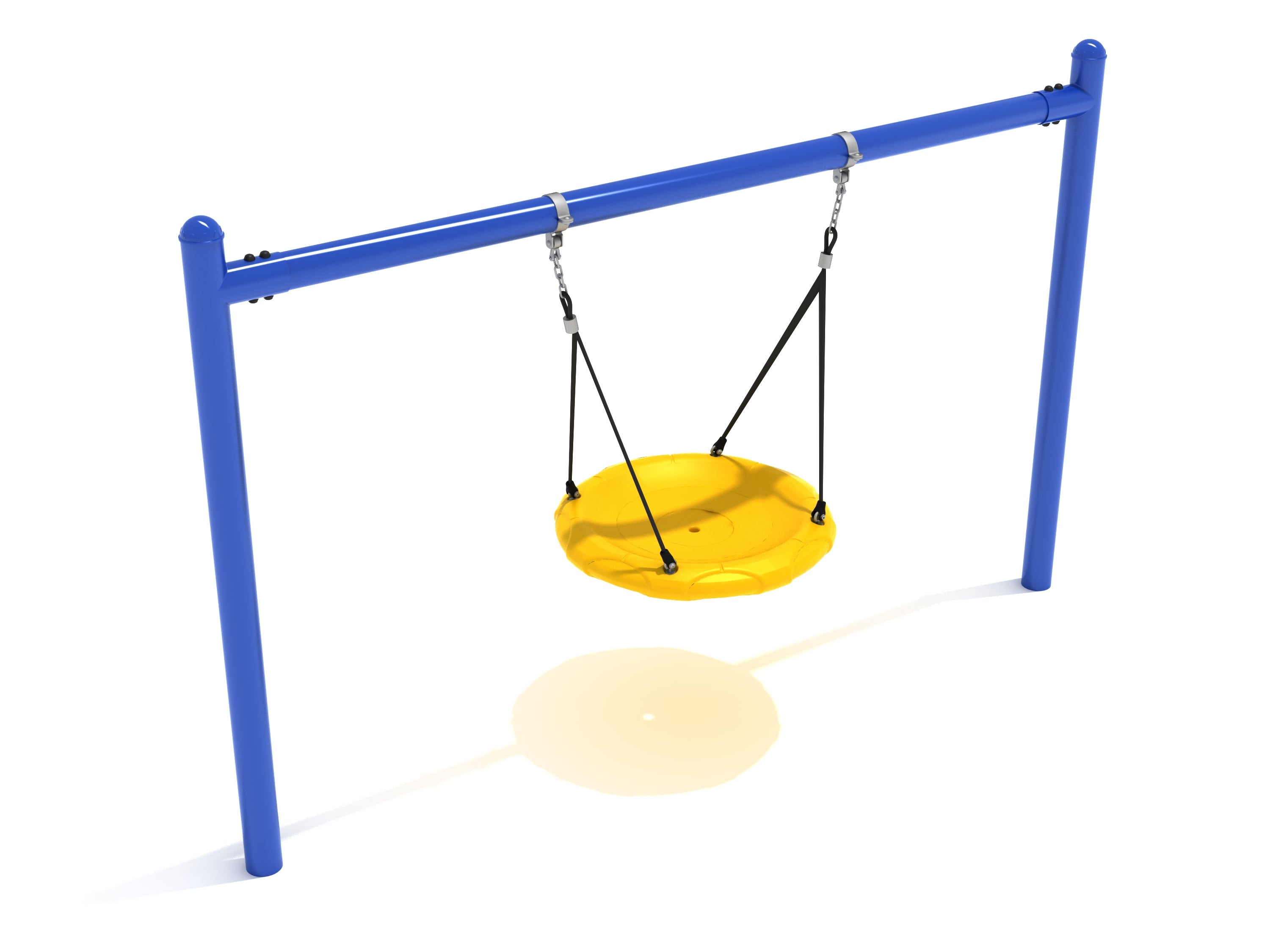 Yellow swing seat with blue posts against a white background