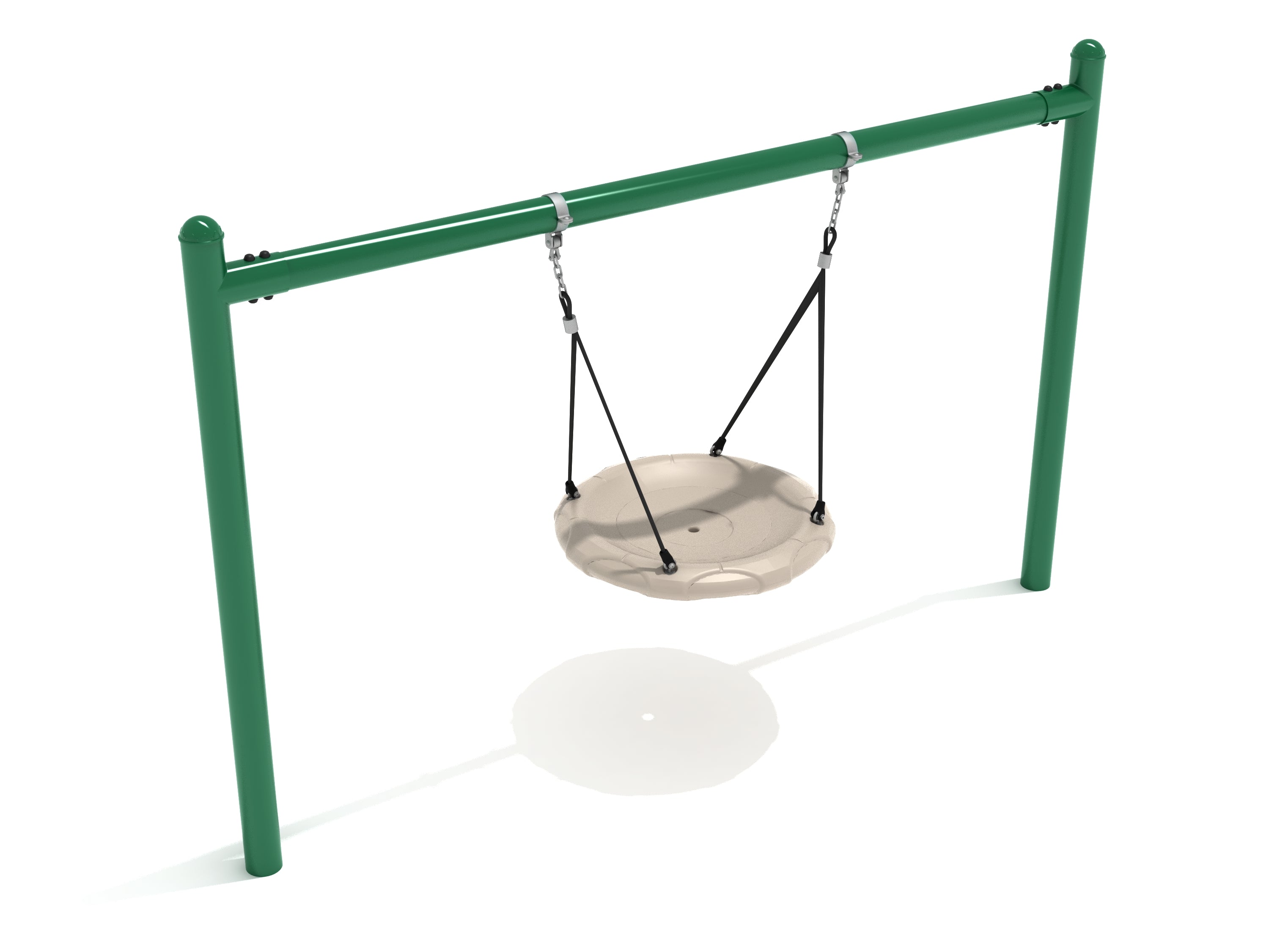 Children's swing with green posts and tan seat on a white background