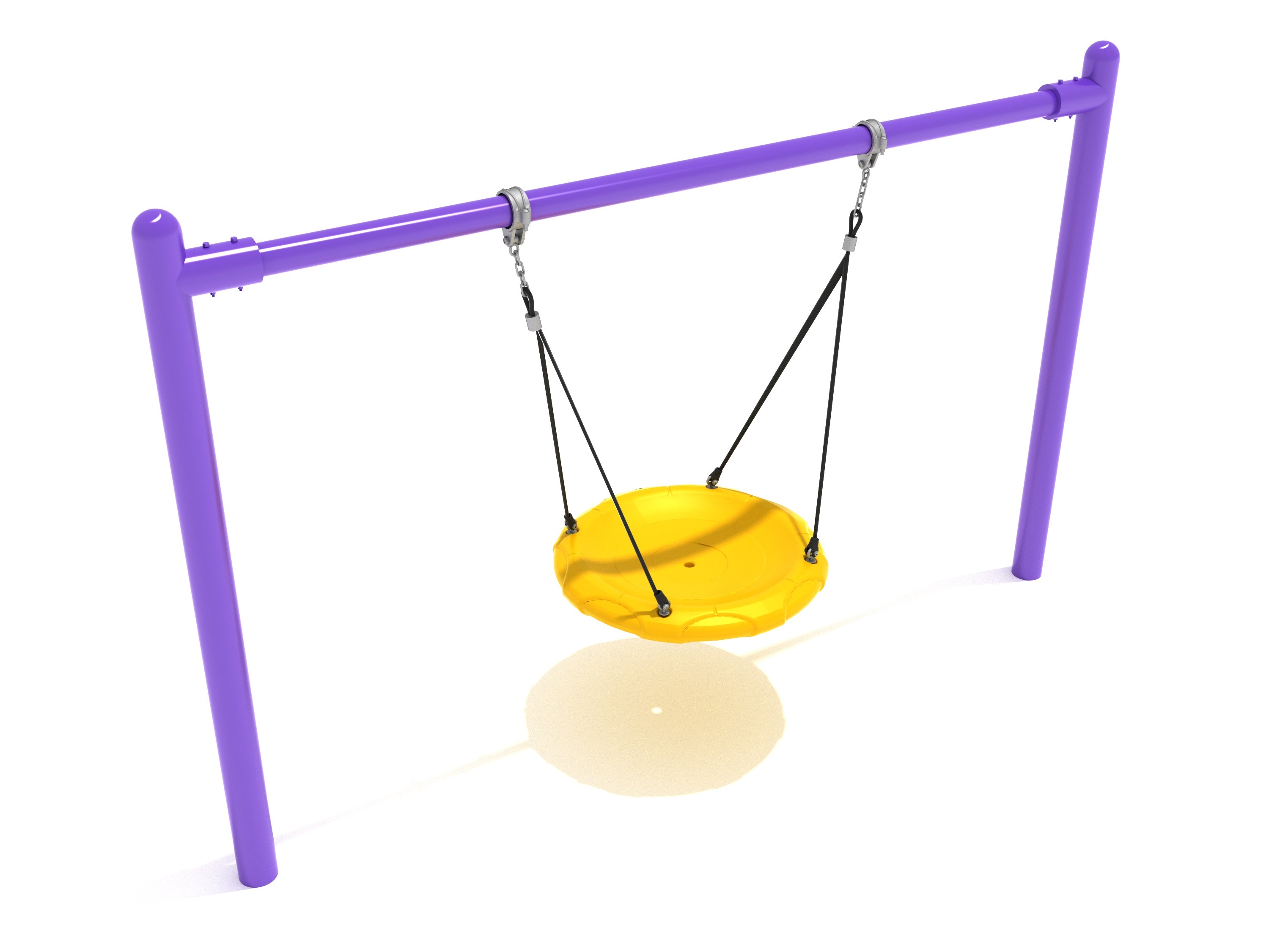 Purple swing set with a yellow seat on a white background