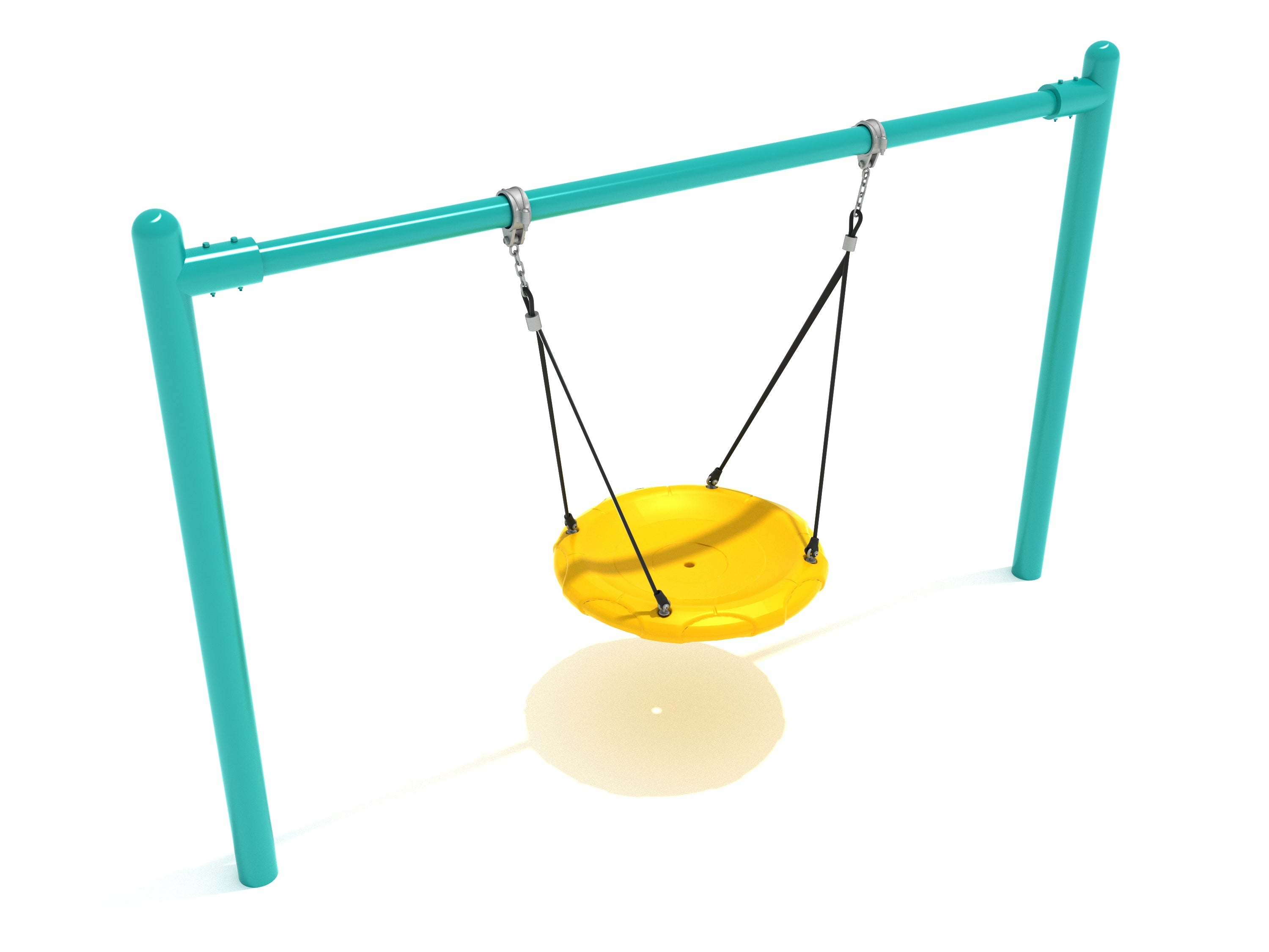 Children's swing with yellow seat and teal posts on a white background