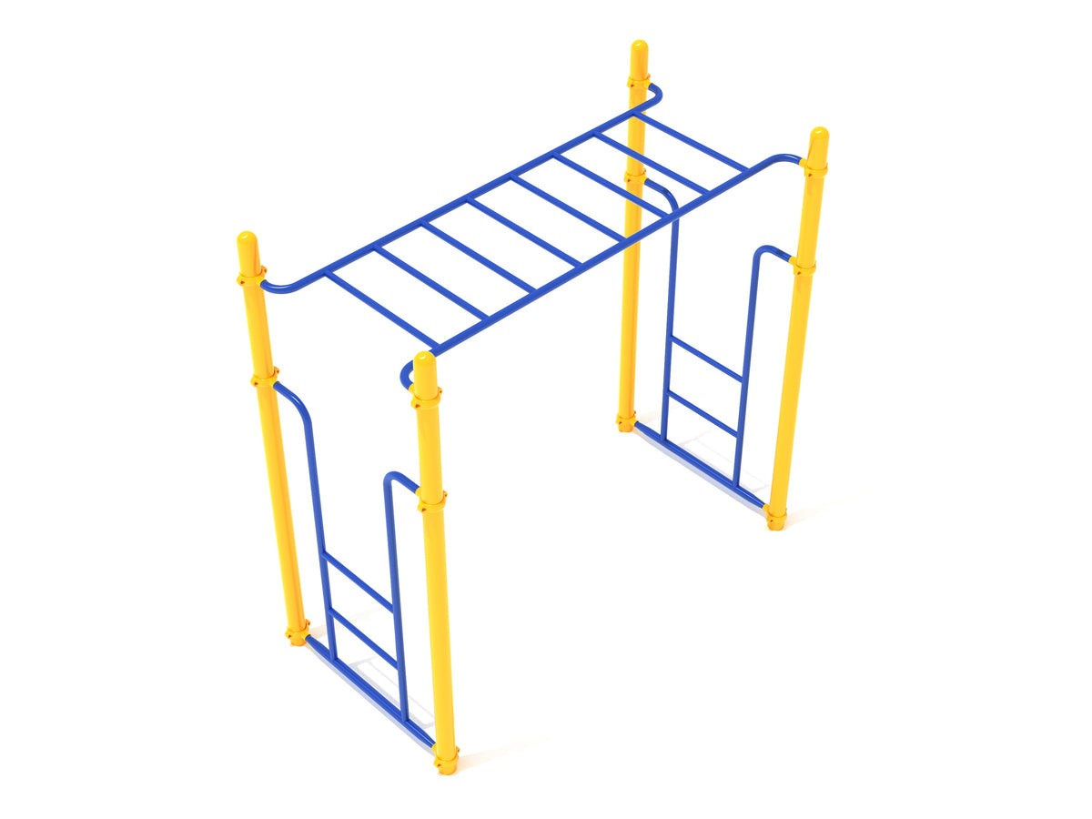 Overhead view of Straight Rung Horizontal Ladder with blue climbing rungs and yellow vertical supports, playground climbing equipment