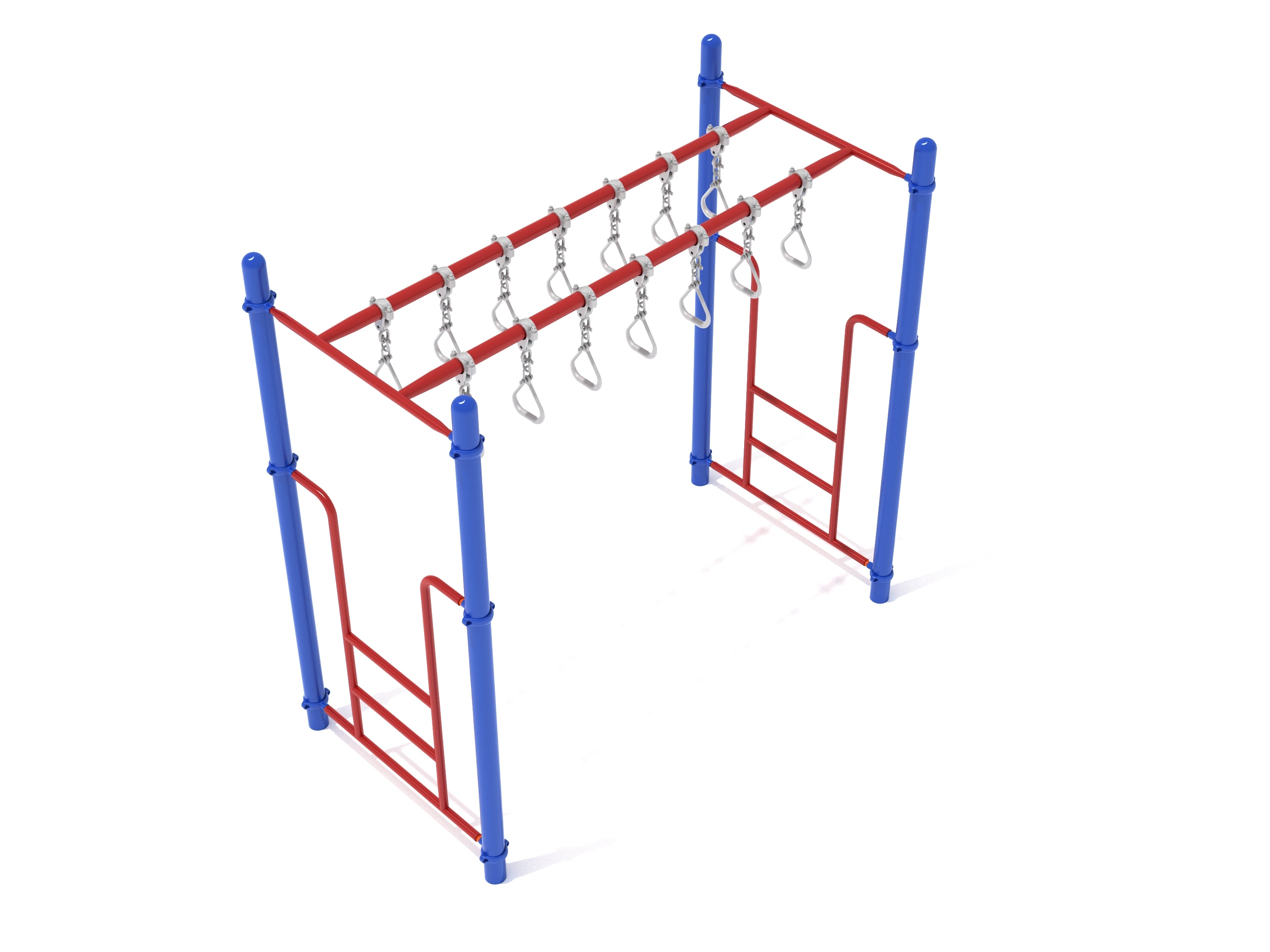 Double Straight Swinging Ring Ladder with red climbing ladders, blue support posts, and two rows of silver swinging rings for playground fitness and fun