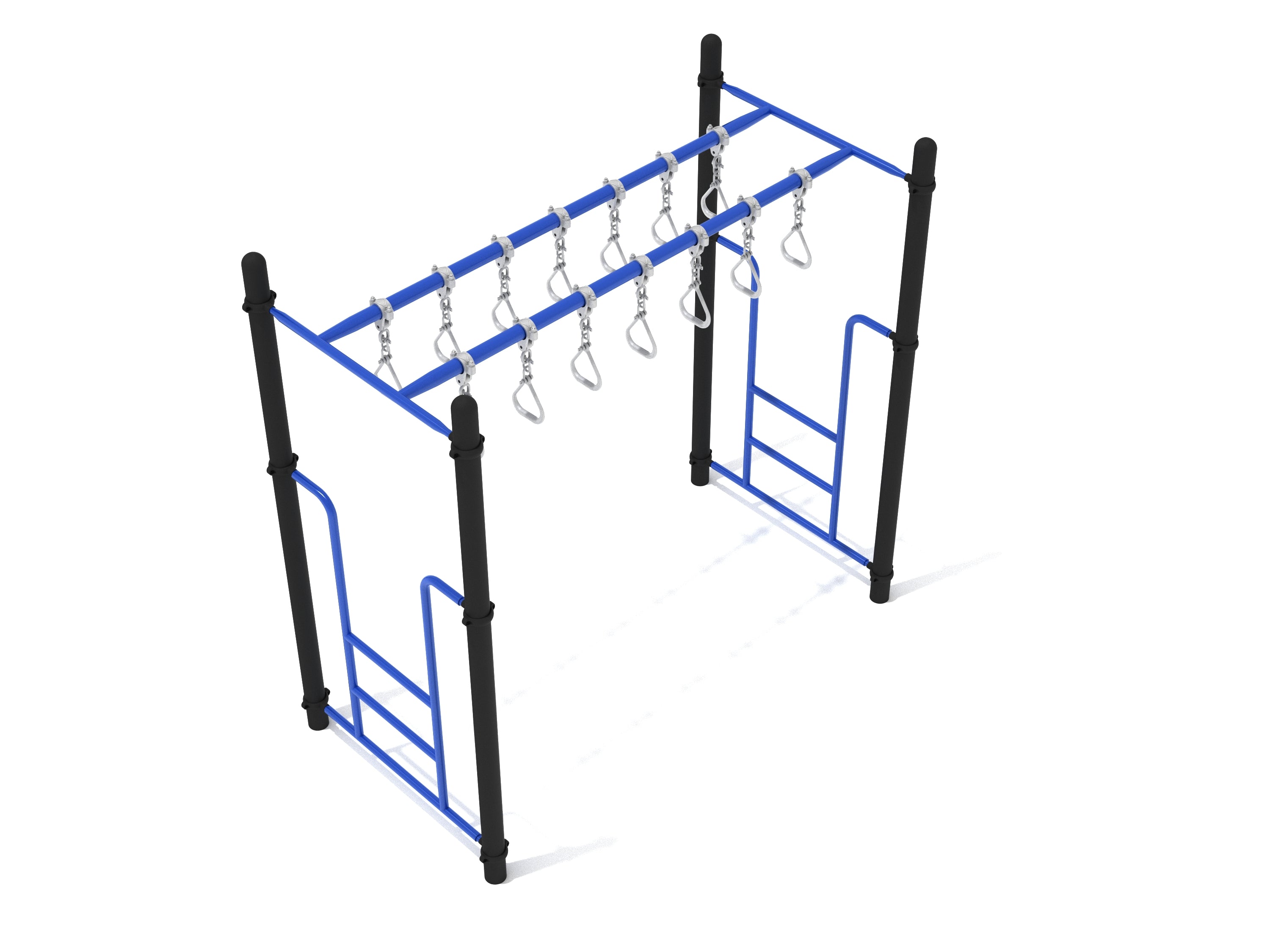 Playground climbing equipment with two parallel rows of blue swinging rings and side ladders for active play and coordination development