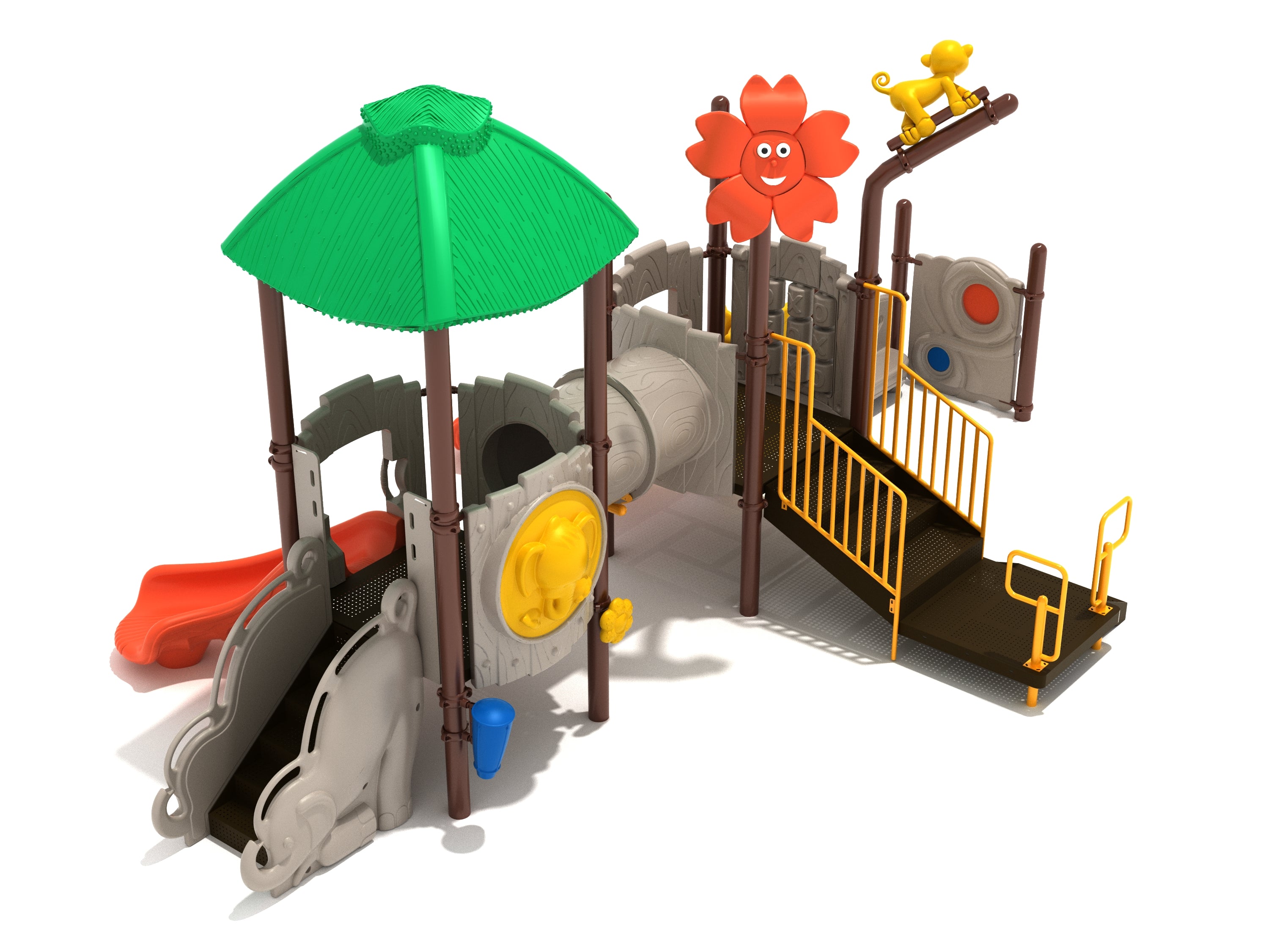 Jumpin' Jaguar Playground with green canopy, orange slide, yellow jaguar figure, and flower panel on brown play structure