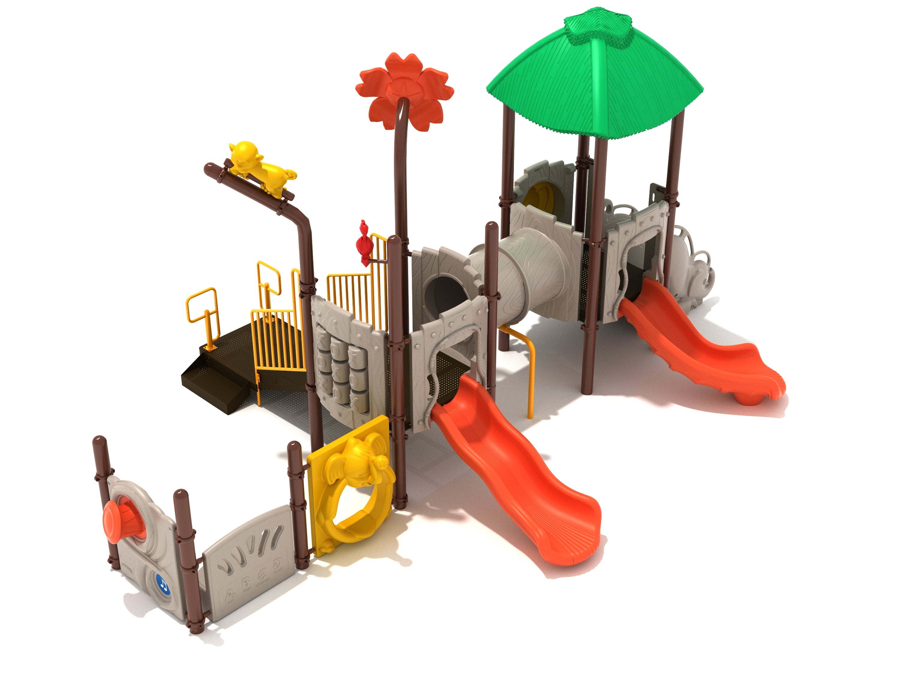 Colorful jaguar-themed playground structure with slides, climbing panels, tunnel, and animal decorations under a green canopy