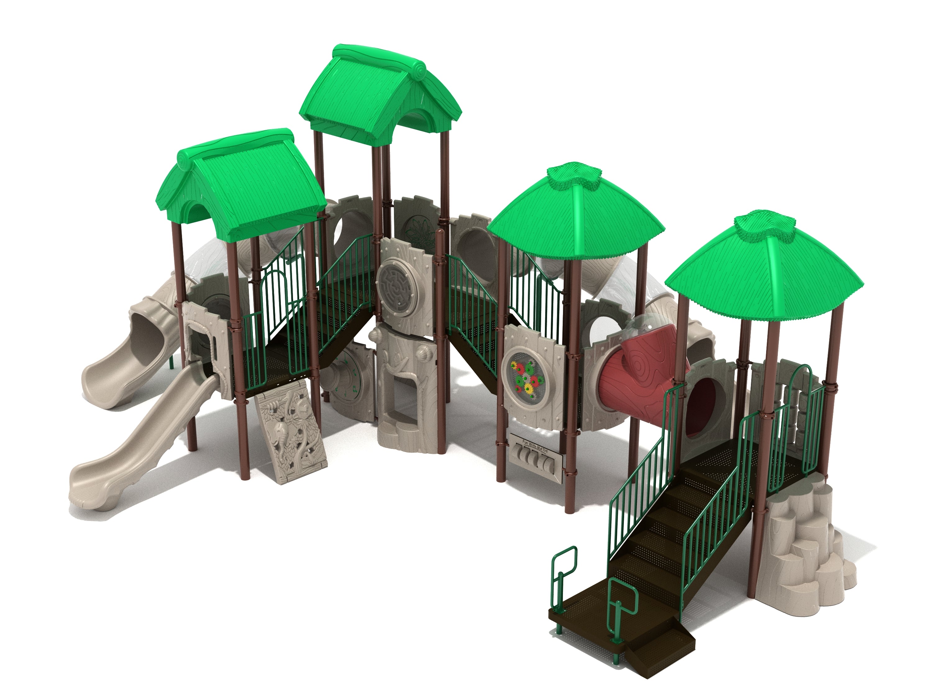 Outdoor playground structure with green roofs, slides, climbing walls, tunnels, and activity panels for active play and social engagement.