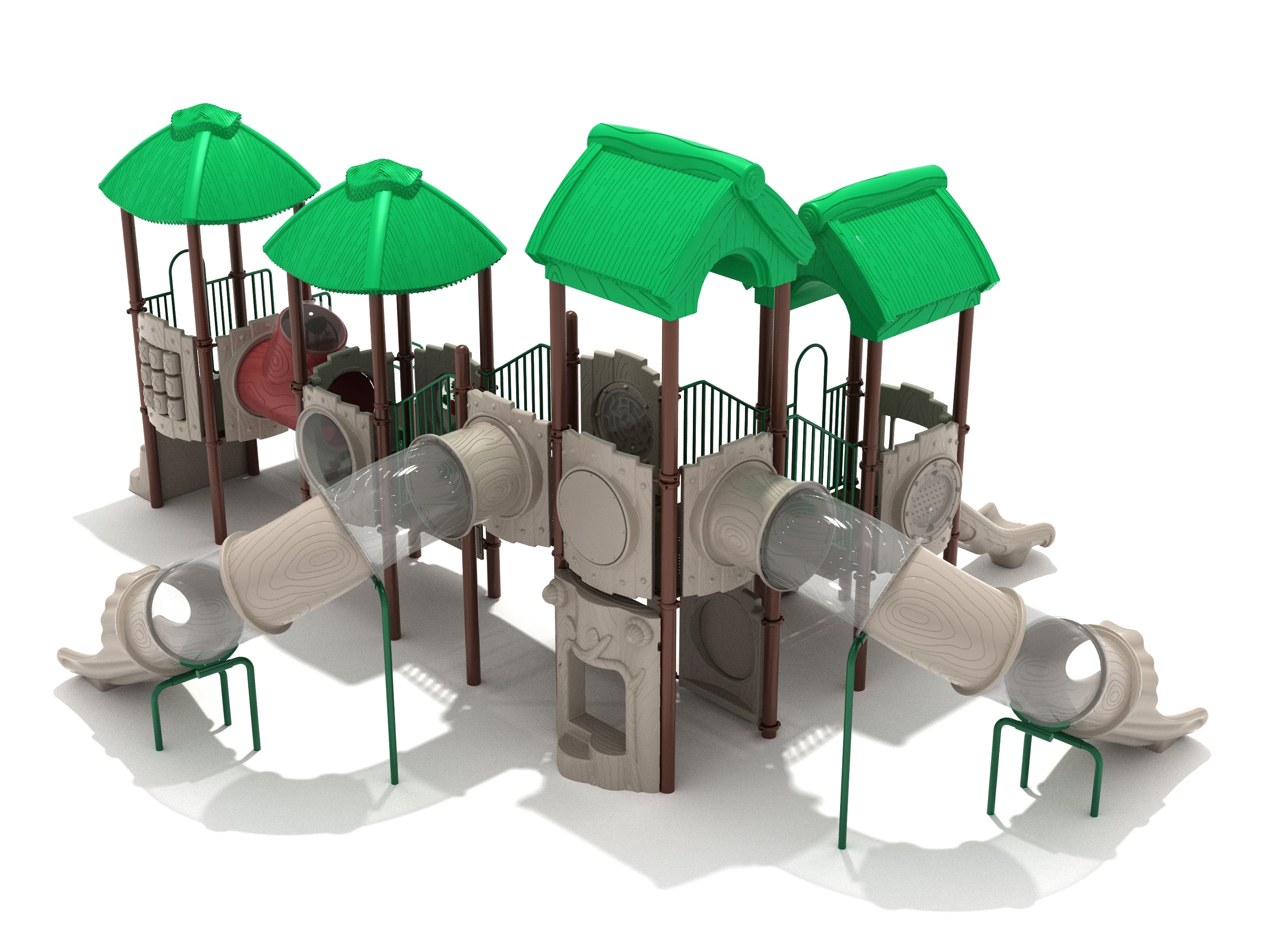 Gorilla Gorge Playground with green roofs, beige climbing walls, and clear tube slides in an outdoor play structure