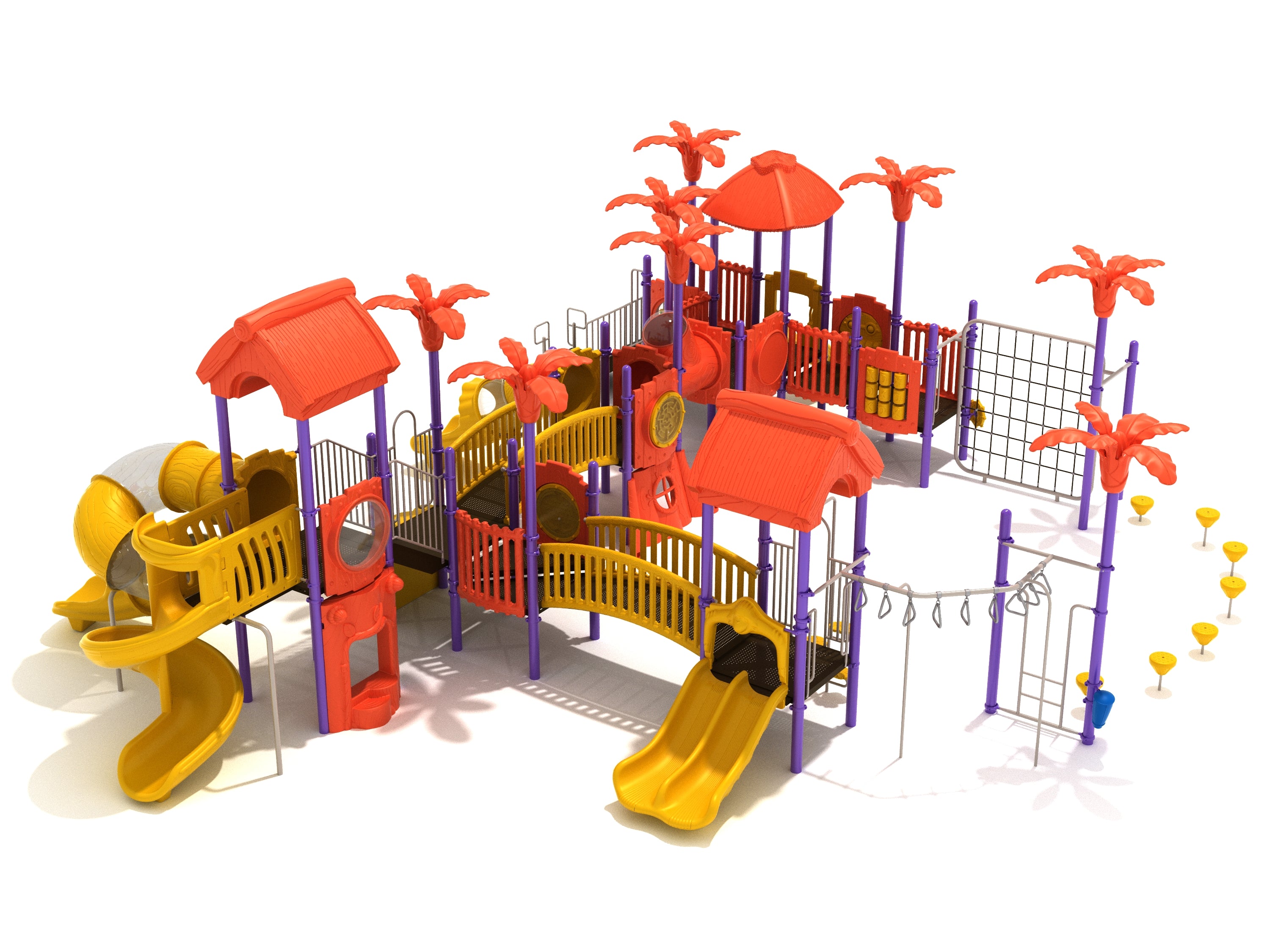 Colorful playground structure with slides, climbing nets, bridges, and palm tree-themed accents in orange, yellow, and purple