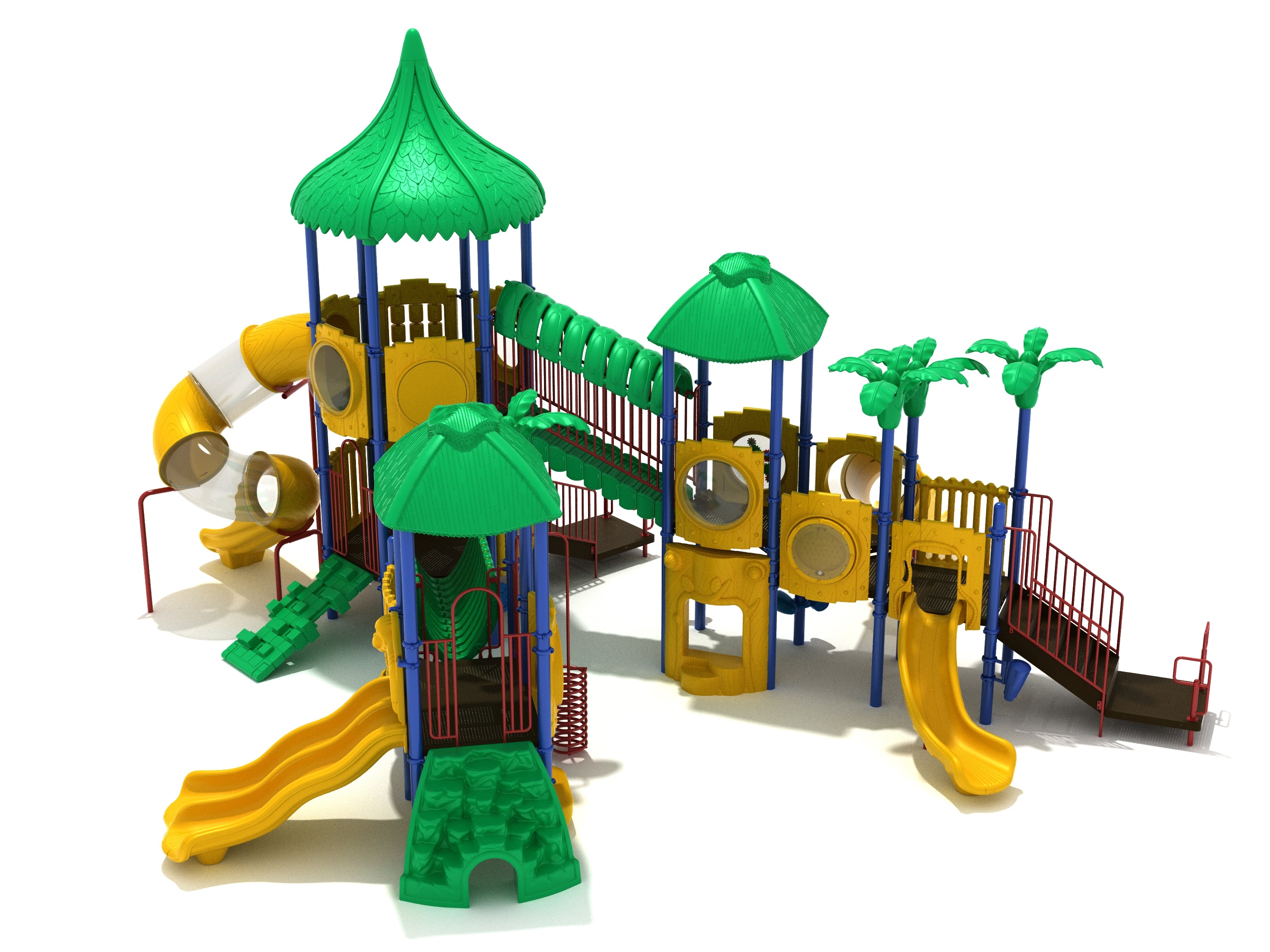 Colorful playground with green roofs, yellow slides, climbing walls, tunnels, and palm tree-shaped accents