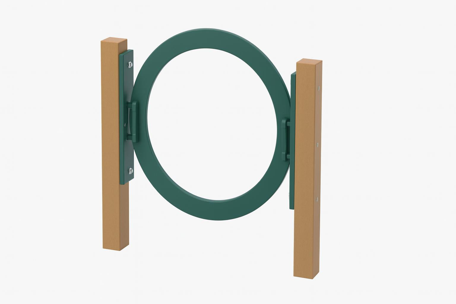 Recycled Adjustable Ring Jump with dark green recycled plastic ring and brown posts on grass for dog agility training