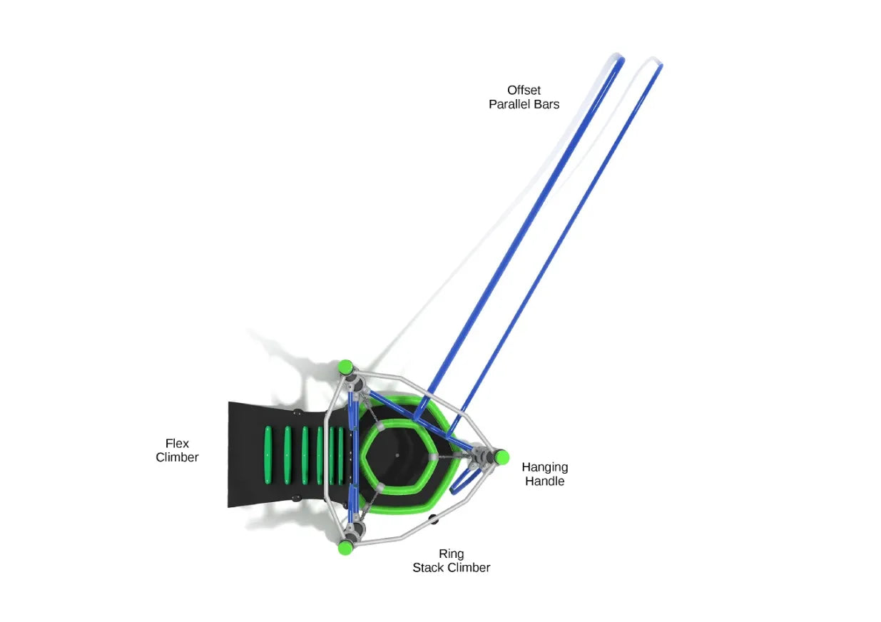 Overhead diagram of Mount Logan play structure labeled with Flex Climber, Ring Stack Climber, Hanging Handle, and Offset Parallel Bars