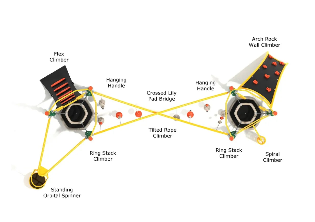 Overhead diagram of Antelope Canyon playground labeling Flex Climber, Arch Rock Wall Climber, Ring Stack Climber, and more