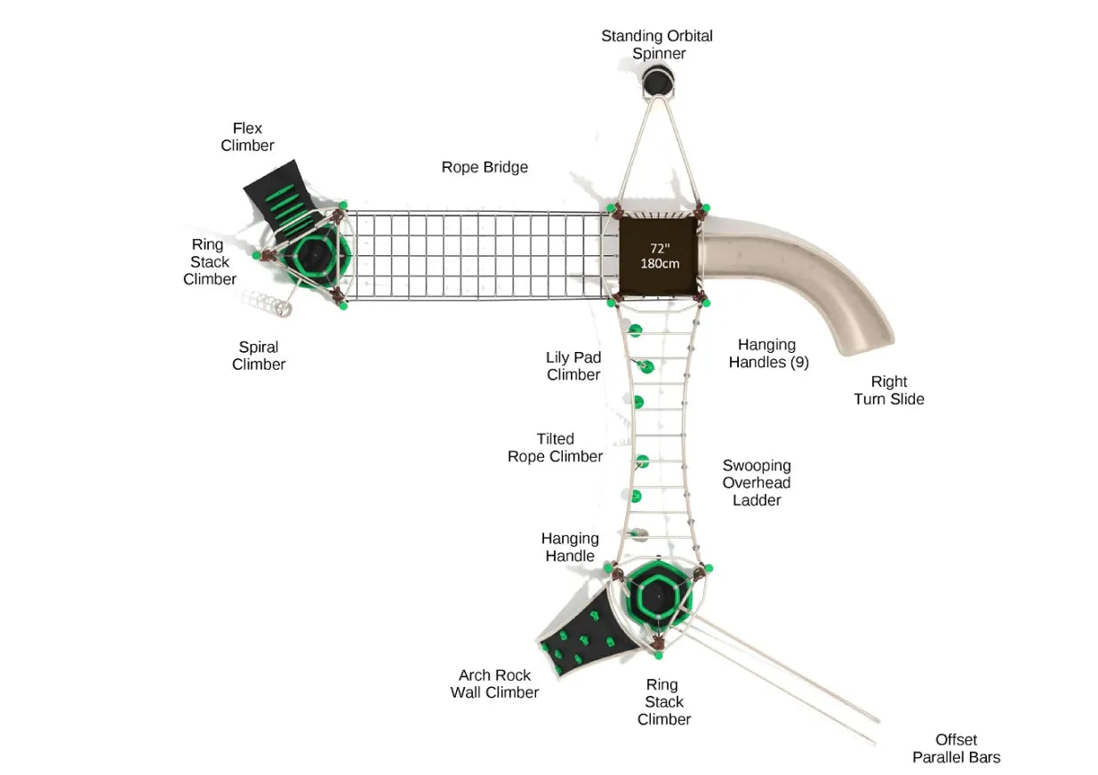 Overhead diagram of Provo Canyon playground with labeled features such as rope bridge, climbers, and slides