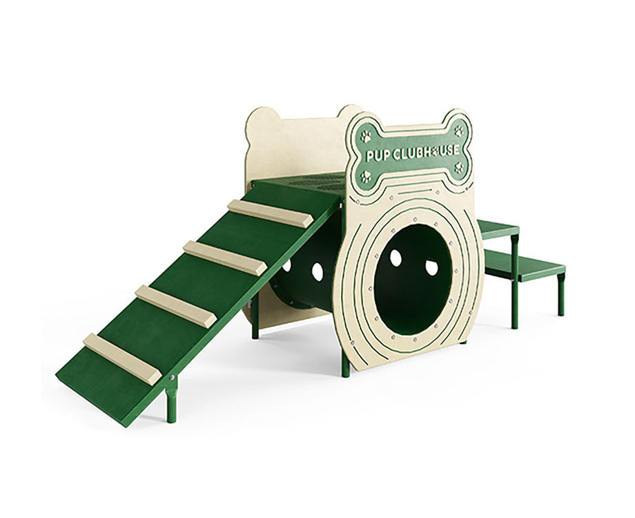 Pup Clubhouse dog bone agility obstacle with green ramp, tunnel, and steps featuring slip-resistant Canine Coating