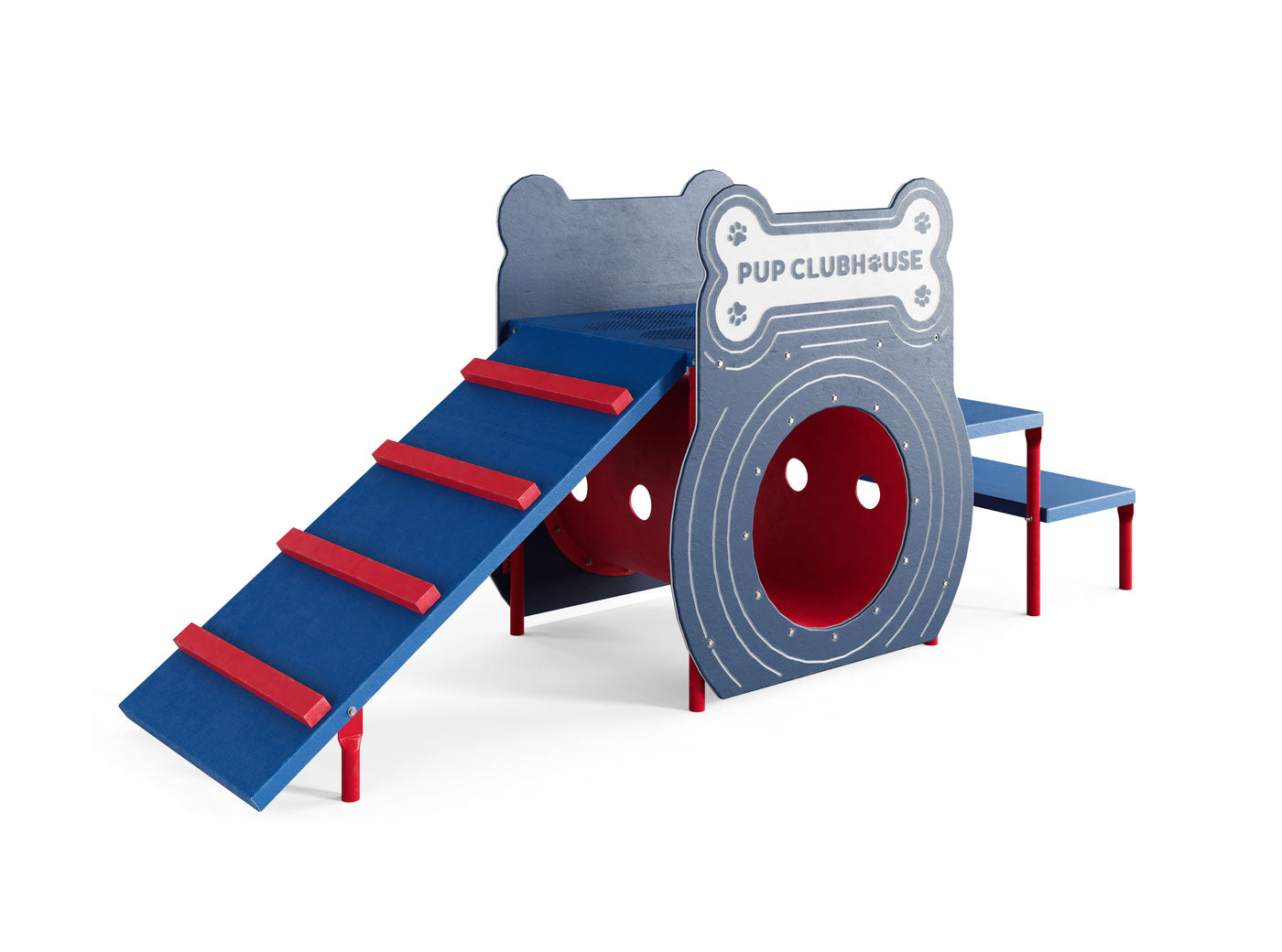 Dog-themed outdoor dog agility play structure with blue ramp, red steps, tunnel, and bone-shaped panels.
