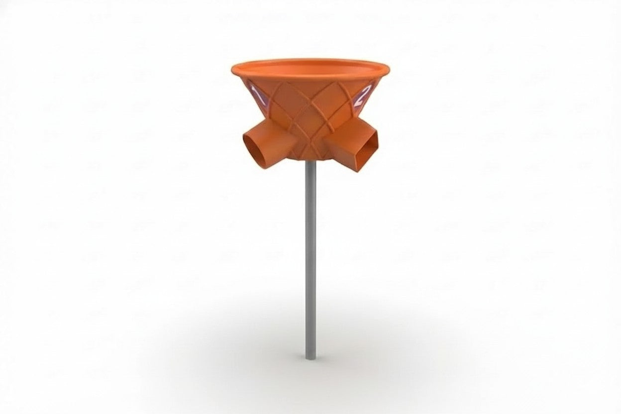 TripleShoot Ball Game with three-sided orange basket on metal post, colorful balls in midair, children playing outdoors