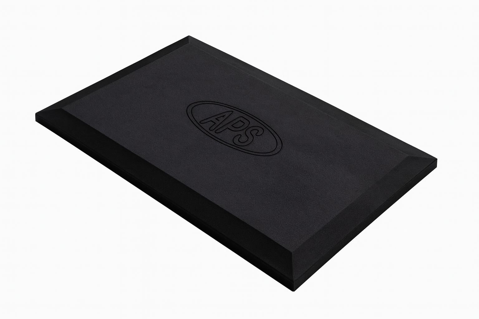 Heavy Duty Rubber Swing and Playground Mat with beveled edges and waffle texture on mulch surface, black protective playground mat