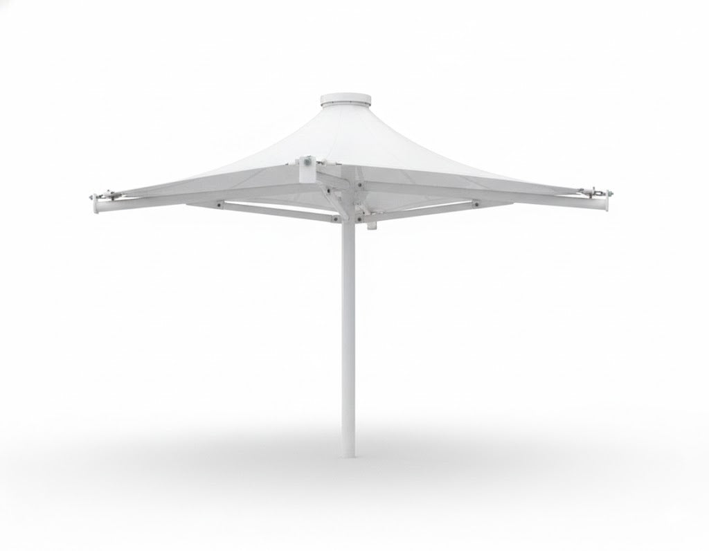 Twilite 4 Point Shade Structure with single column and contoured fabric roof shading outdoor patio seating and tables