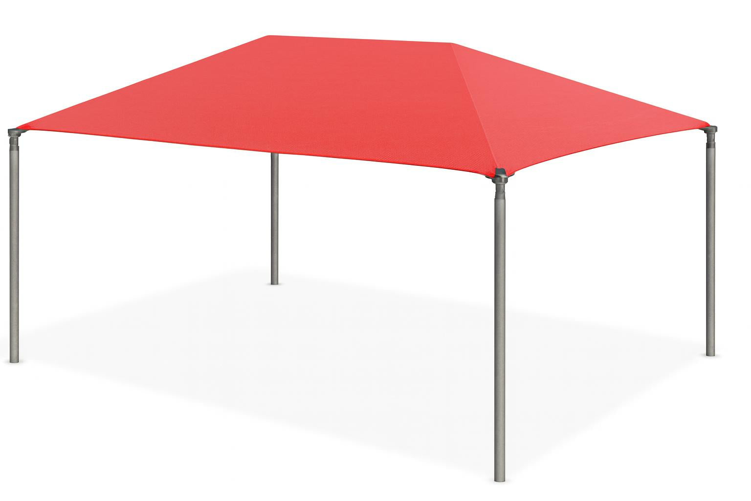 Hip Roof Shade Structure with red fabric canopy and four metal posts providing UV protection over playground with playhouse and ride-on toys
