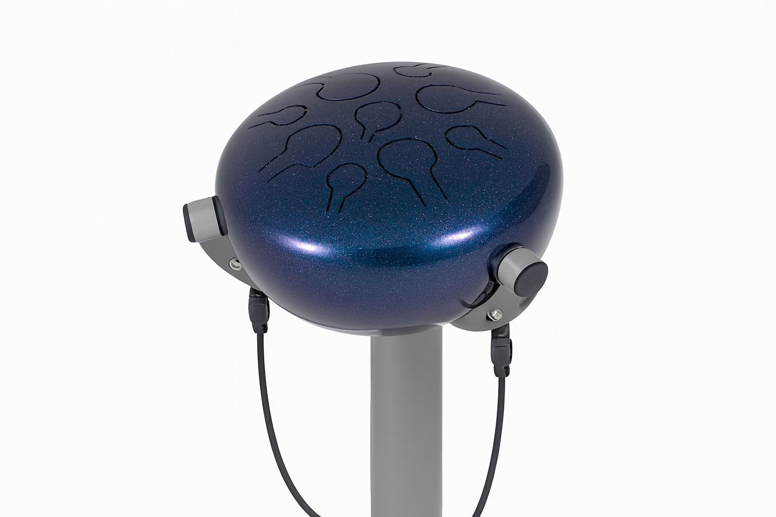 Glossy dark blue steel tongue drum with geometric cutouts on metal stand, Island Ensemble Outdoor Musical Park Instruments