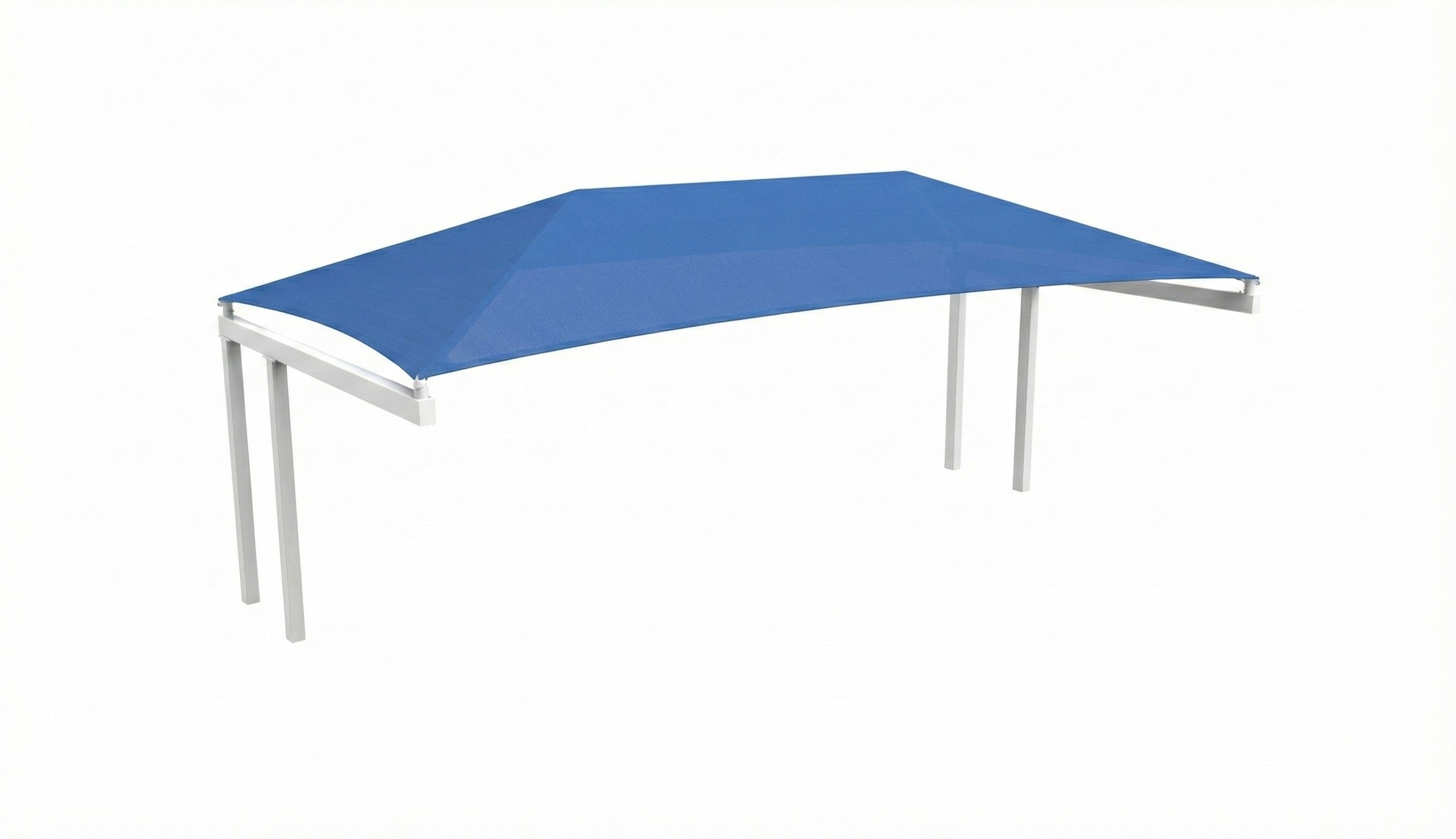 Semi Cantilever Hip Shade Structure with blue fabric canopy and single gray metal support post