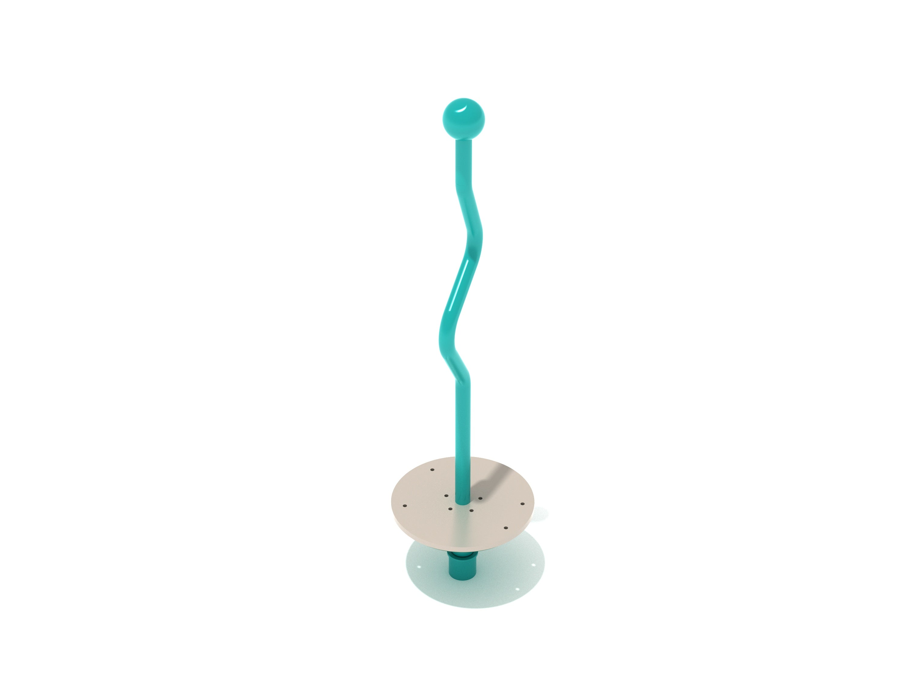 Compact playground merry-go-round with crooked turquoise center pole and beige round base for solo balance play
