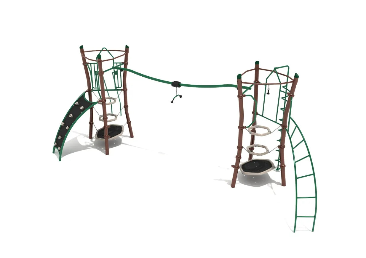 Angled view of the Nine Mile Canyon climbing playground structure featuring two towers connected by a hanging track ride and various climbers
