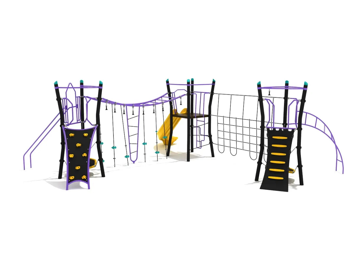 Front view of Wind River Canyon modular playground showing climbing walls, rope climbers, and yellow slide