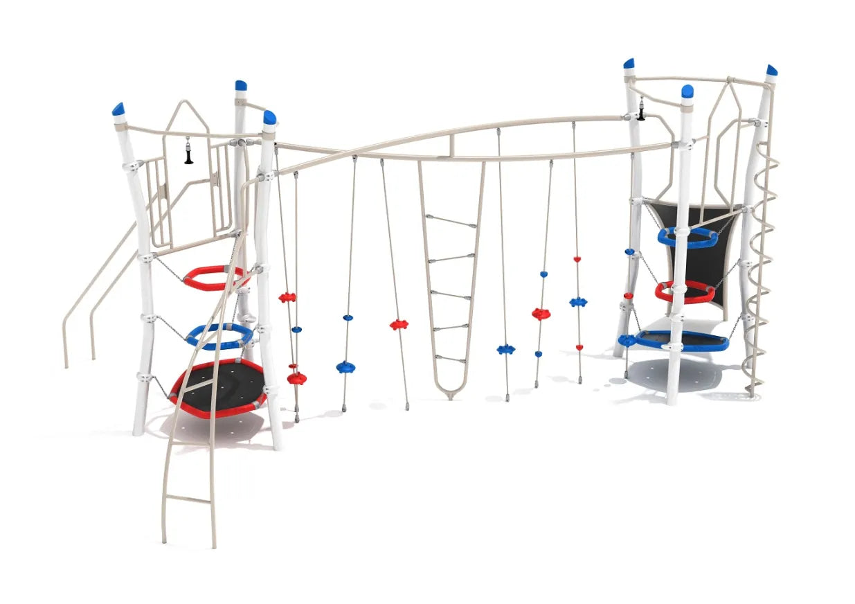 Fish River Canyon playground climber with rope bridges, ring stack climbers, and rock wall, shown in white, red, and blue.