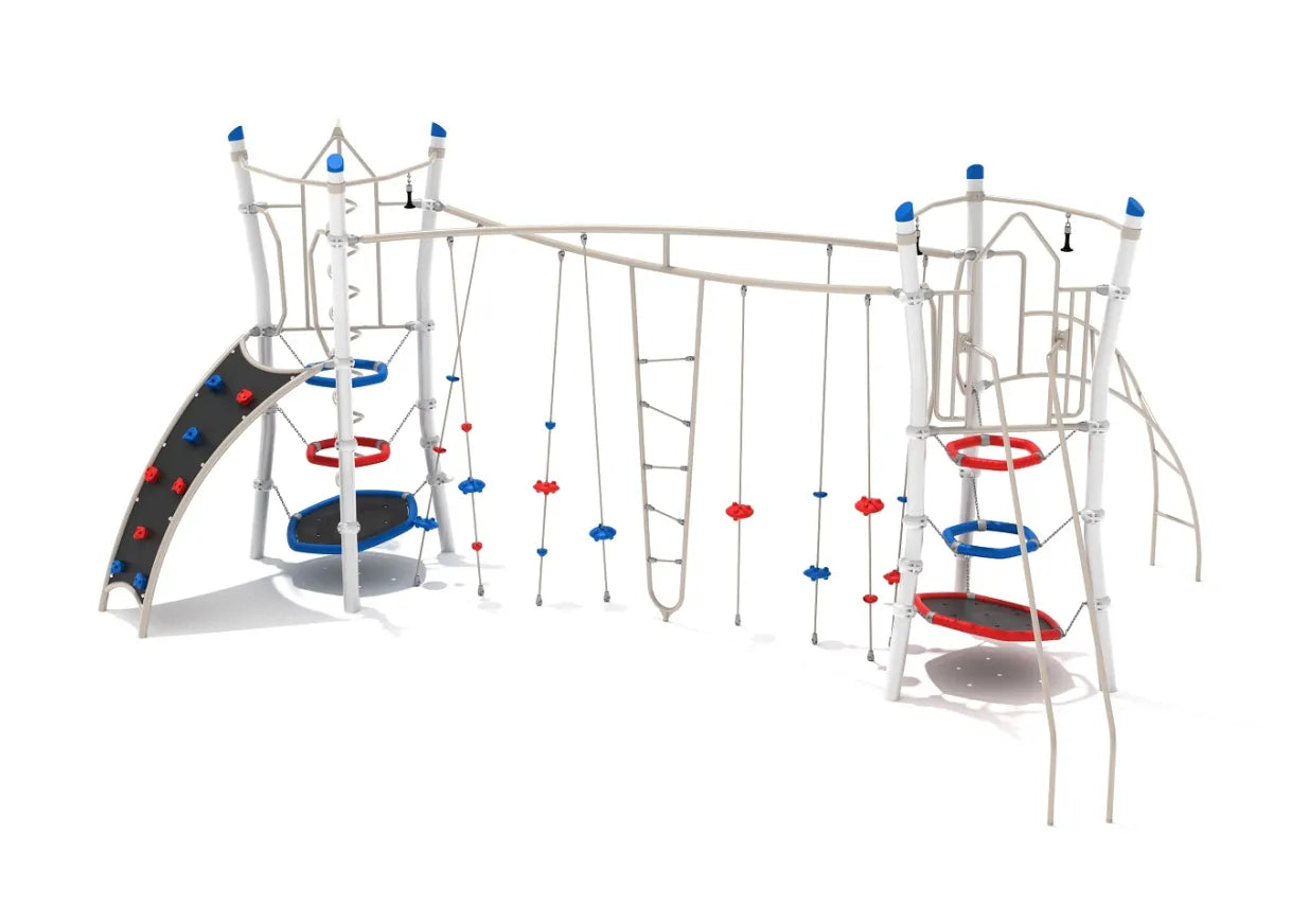 Side view of Fish River Canyon playground climber featuring arch rock wall, rope elements, and multiple climbing features.